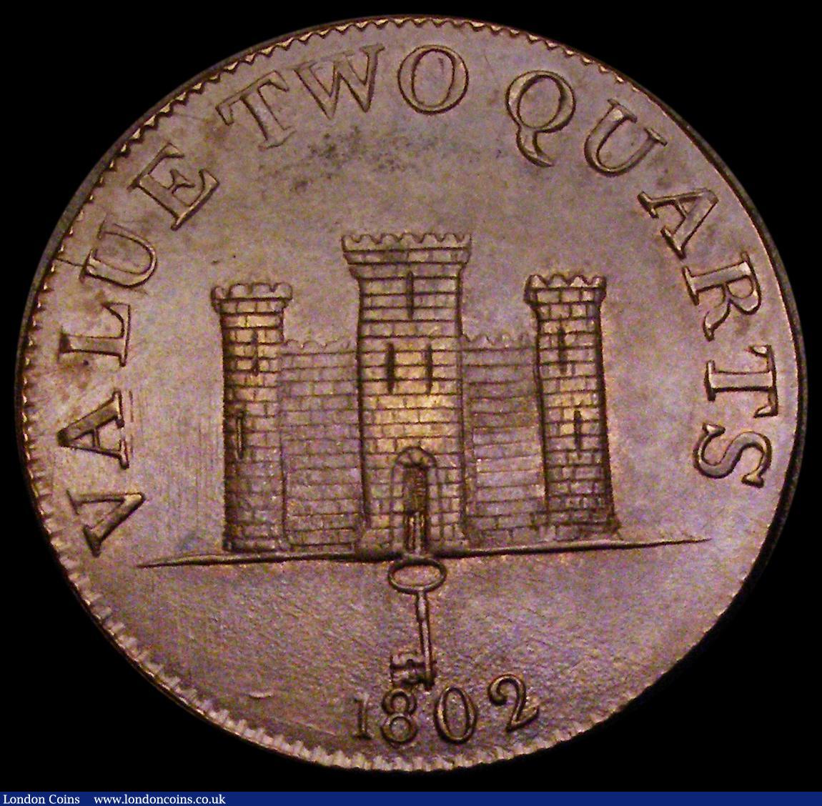 London Coins : A186 : Lot 943 : Gibraltar Two Quarts 1802 KM#Tn2.2, Pridmore 17, with light friction to the highest points only, oth...