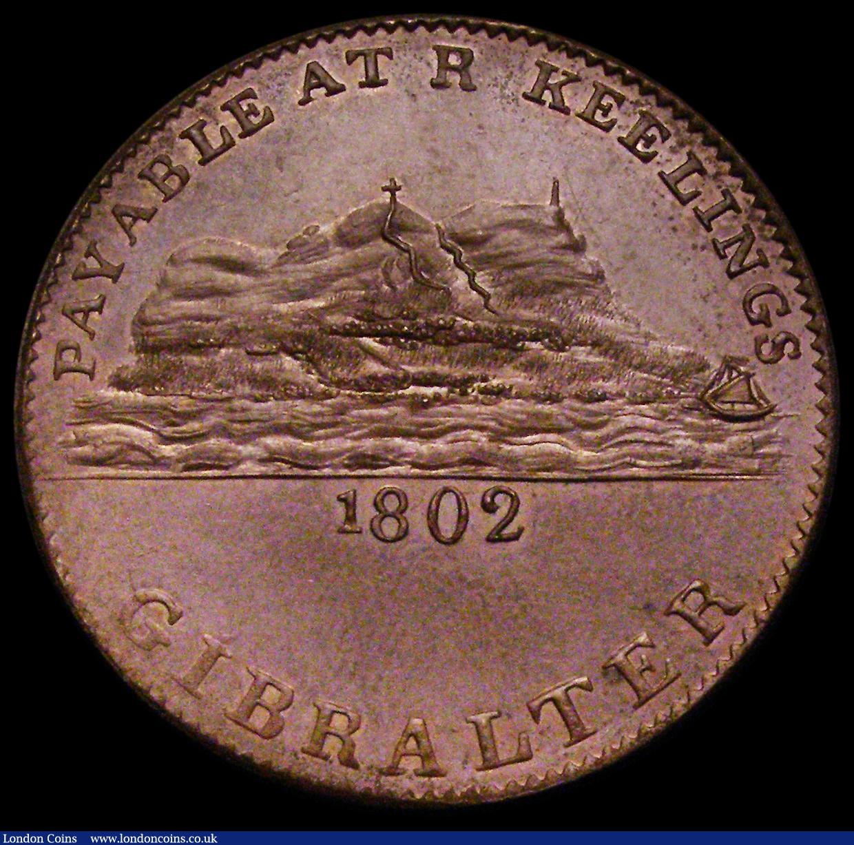 London Coins : A186 : Lot 944 : Gibraltar Two Quarts 1810 Pattern 31mm diameter in bronze KM#Pn1, Obverse: View of the rock, PAYABLE...