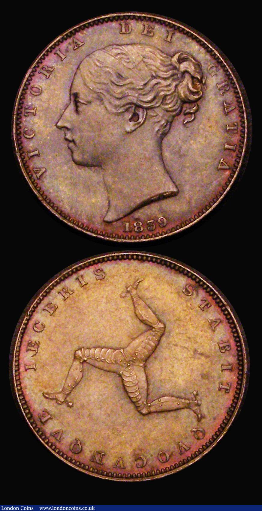 London Coins : A186 : Lot 948 : Isle of Man (3) Penny 1839 S.7417, Pridmore 20, M. 83, EF with some minor contact marks, Halfpenny 1...