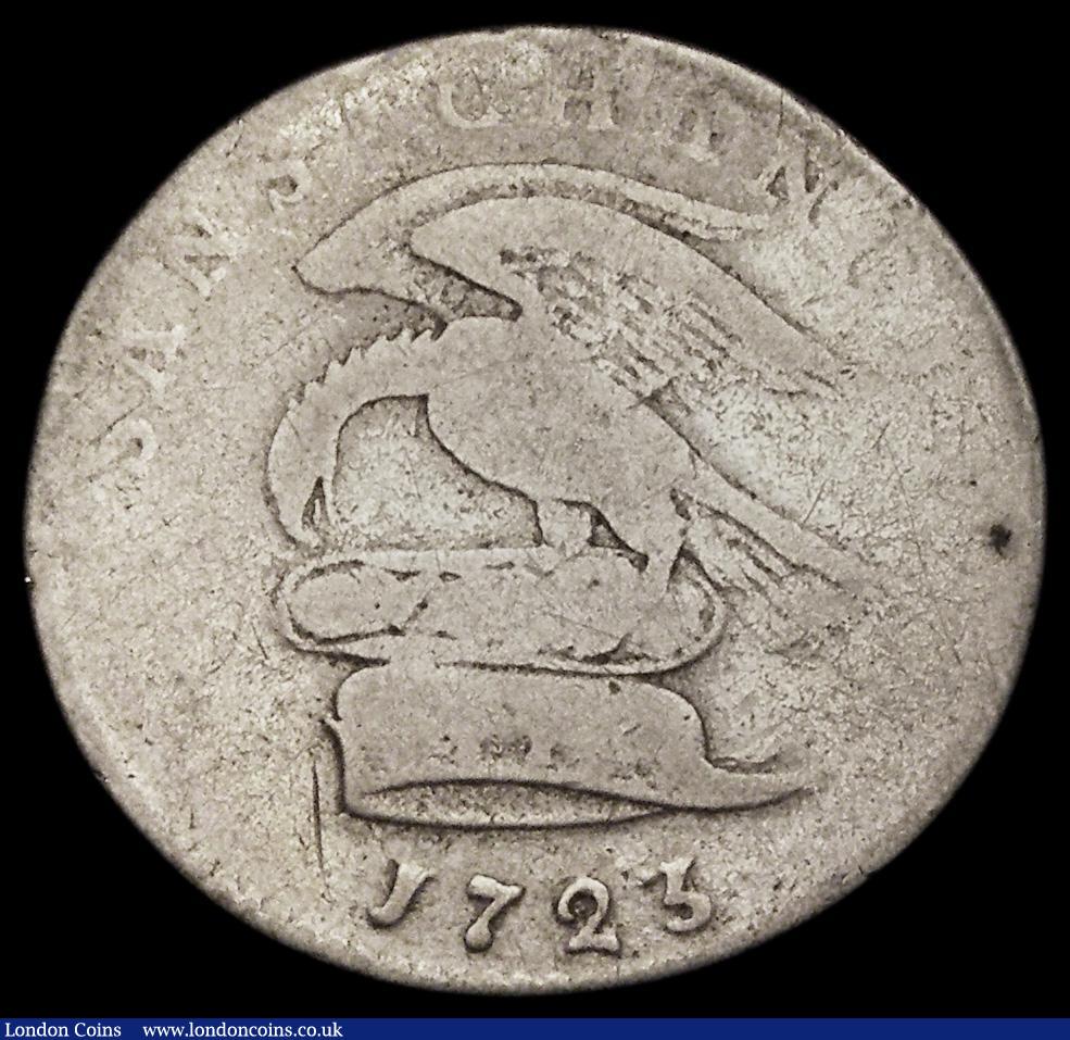 London Coins : A186 : Lot 958 : Isle of Man Penny 1723 Silver Pattern Pridmore 4, M.28, Coincraft MPTN-040, edge grained but worn, F...