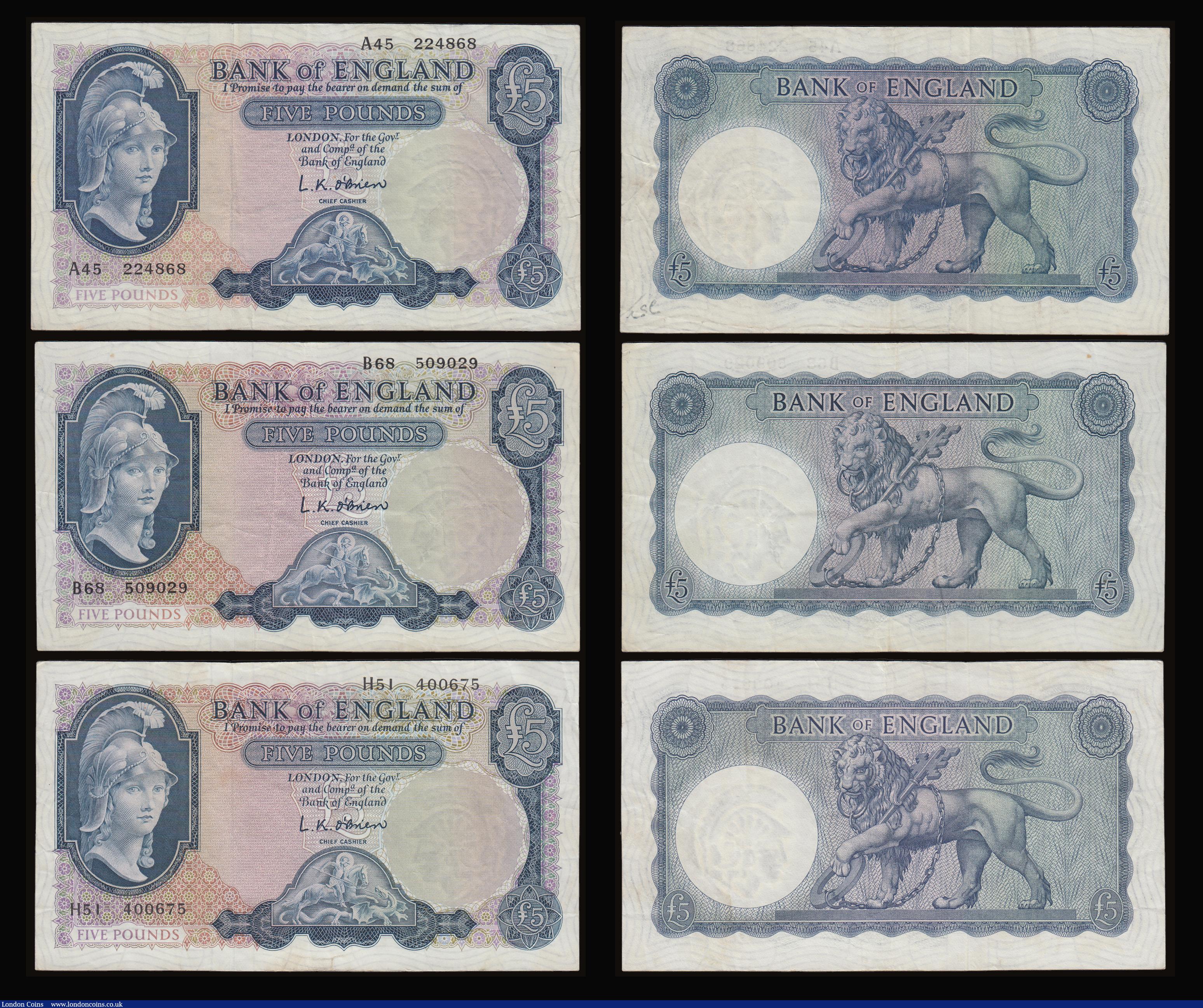 London Coins : A186 : Lot 96 : Five Pounds O'Brien Helmeted Britannia at right, Lion and Key reverse B277 1957 and B280 1961 (...