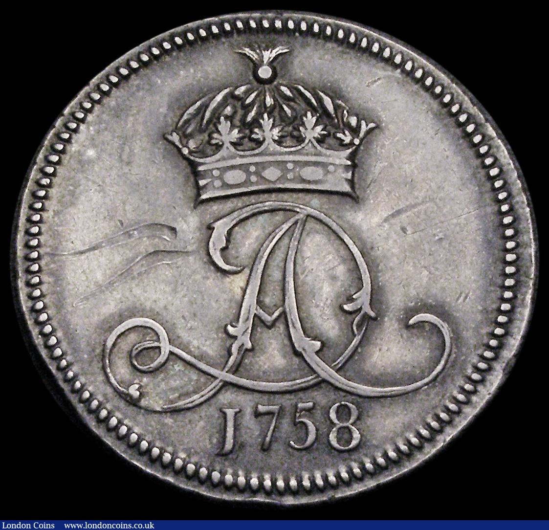 London Coins : A186 : Lot 961 : Isle of Man Penny 1758 Silver Proof S.7411, Pridmore 15A, M.52, edge grained in herring-bone style, ...