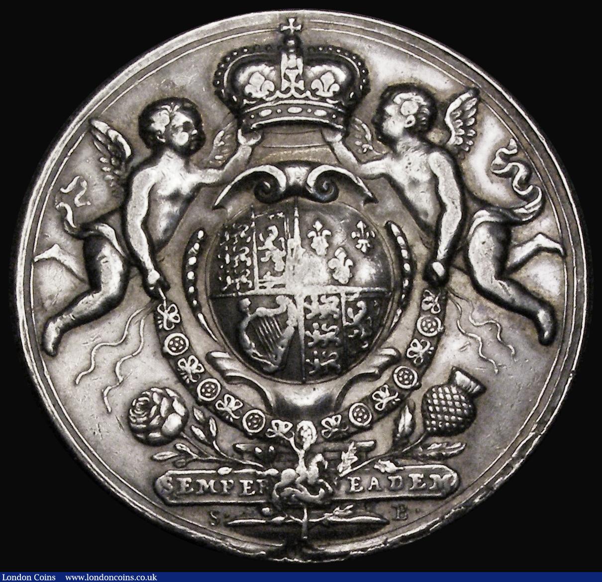 London Coins : A187 : Lot 1009 : Union of England and Scotland 1707 34mm diameter in silver by J. Croker, Eimer 425 Obverse: Bust lef...