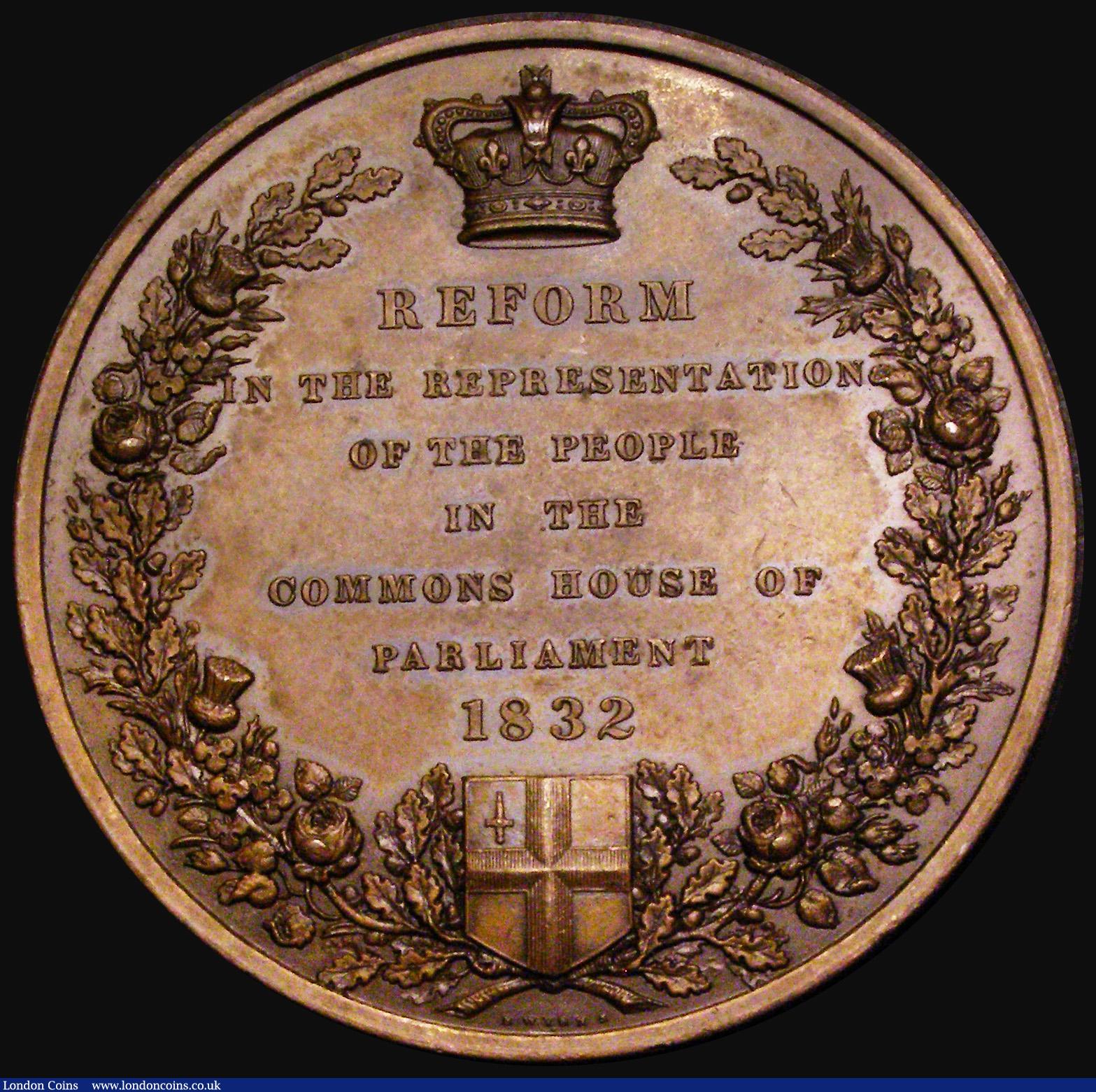 London Coins : A187 : Lot 1048 : The Reform Bill 1832 51mm diameter in copper by B. Wyon, Obverse: 7-line inscription within a wreath...