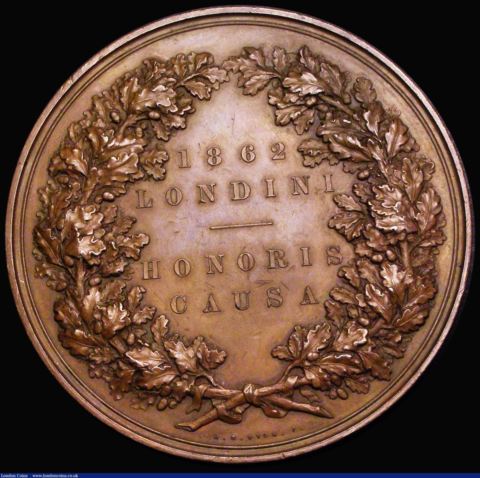 London Coins : A187 : Lot 1105 : International Exhibition 1862 Prize Medal 77mm diameter in bronze by L.C. Wyon, Obverse: Britannia s...