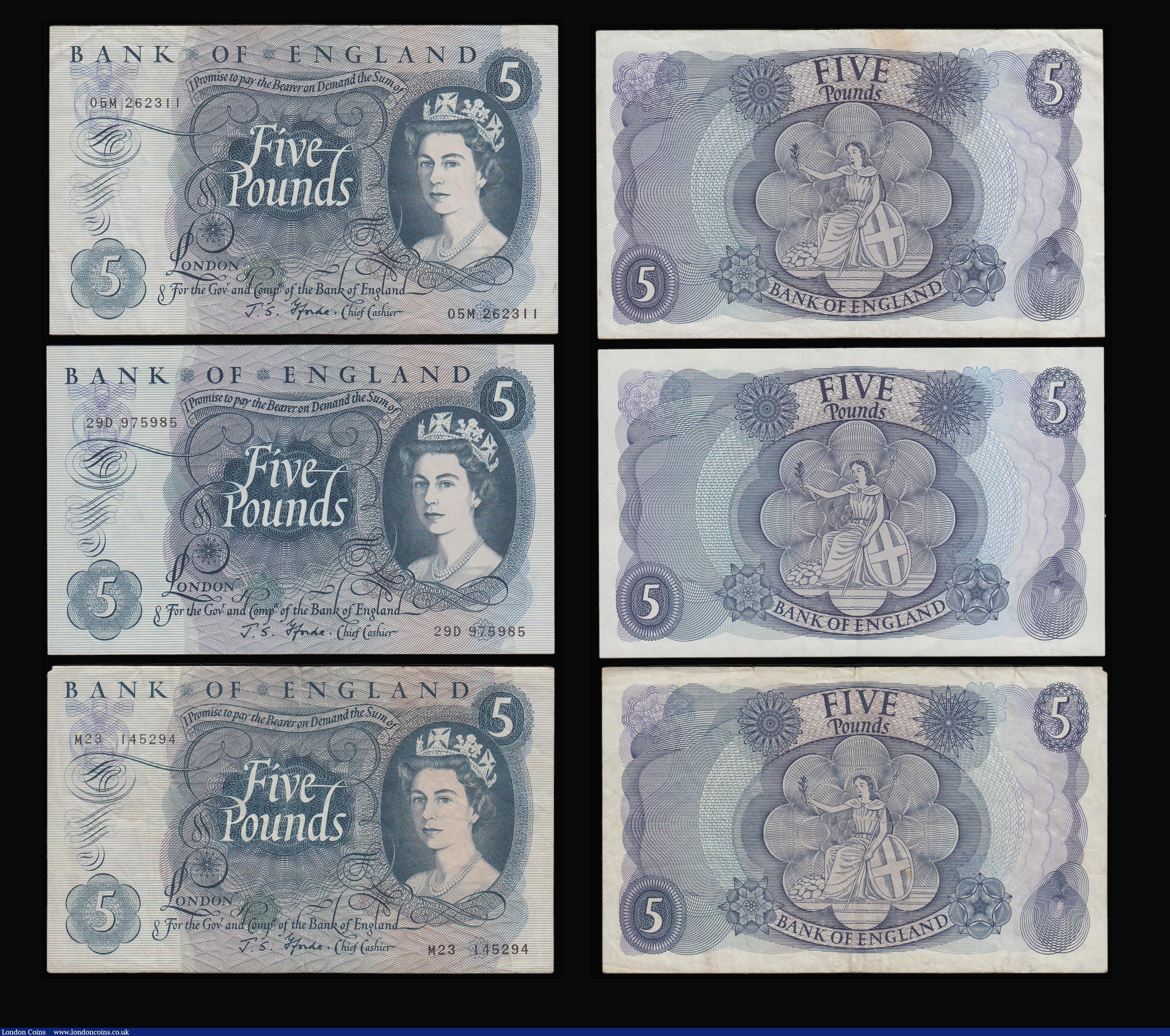 London Coins : A187 : Lot 111 : Fforde (9) Five Pounds 1967 B312 EF, B313 replacement prefix M23 VF, B314 EF, B315 replacement 05M 2...