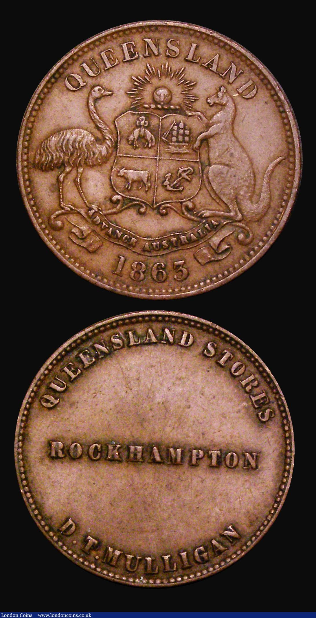 London Coins : A187 : Lot 1299 : Australia Halfpenny Tokens (2) 1863 D.T. Mulligan, Rockhampton, Queensland KM#Tn177 Good Fine, Cromb...