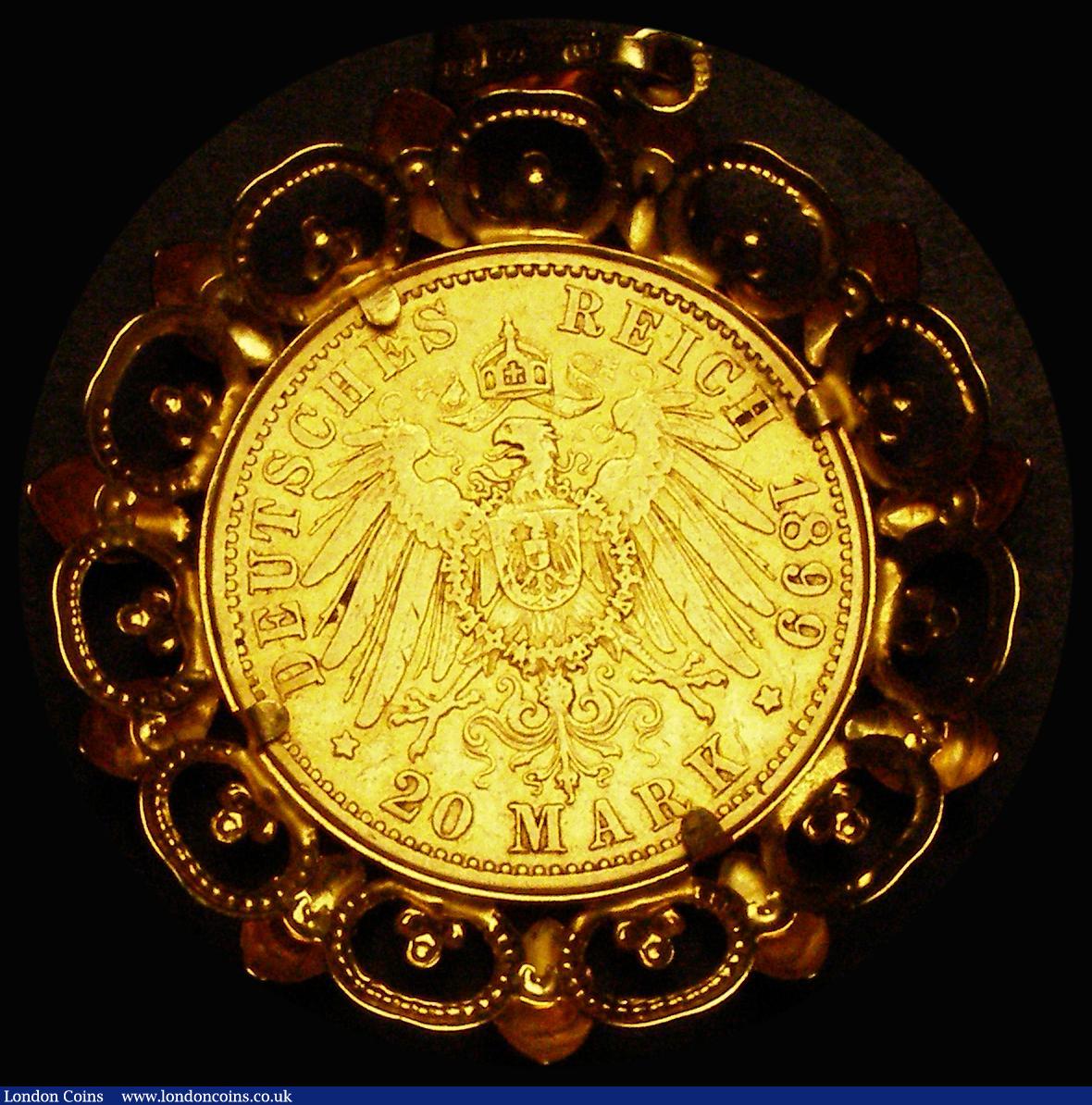 London Coins : A187 : Lot 1354 : German States - Prussia 20 Marks Gold 1899A NVF in an ornate 9 carat gold pendant mount (no chain), ...