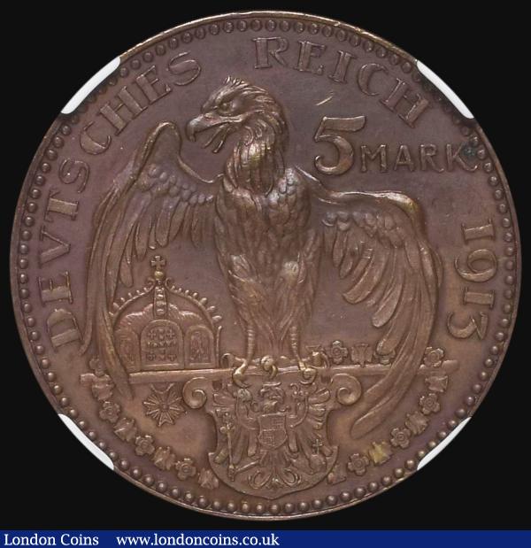 London Coins : A187 : Lot 1356 : German States - Prussia 5 Marks 1913G Pattern in copper, unlisted by Krause Obverse: Wilhelm II faci...
