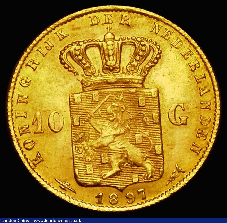 London Coins : A187 : Lot 1429 : Netherlands Ten Gulden Gold 1897 KM#118 A/UNC and lustrous, the obverse with some light adjustment l...