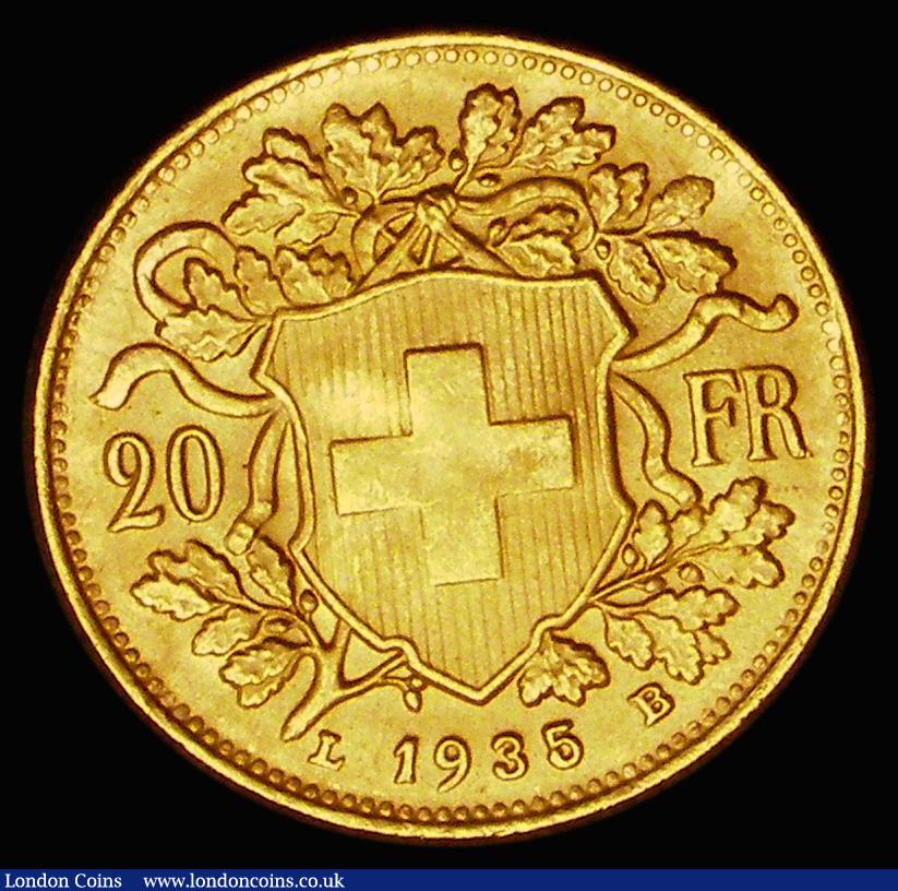 London Coins : A187 : Lot 1461 : Switzerland 20 Francs Gold 1935 L-B KM#35.1 A/UNC