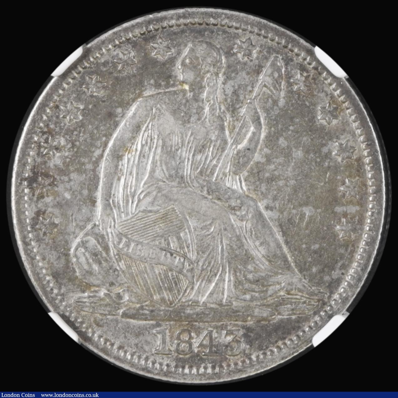 London Coins : A187 : Lot 1486 : USA Half Dollar 1843 50C NGC AU50 with a pleasing peripheral orange gold tone