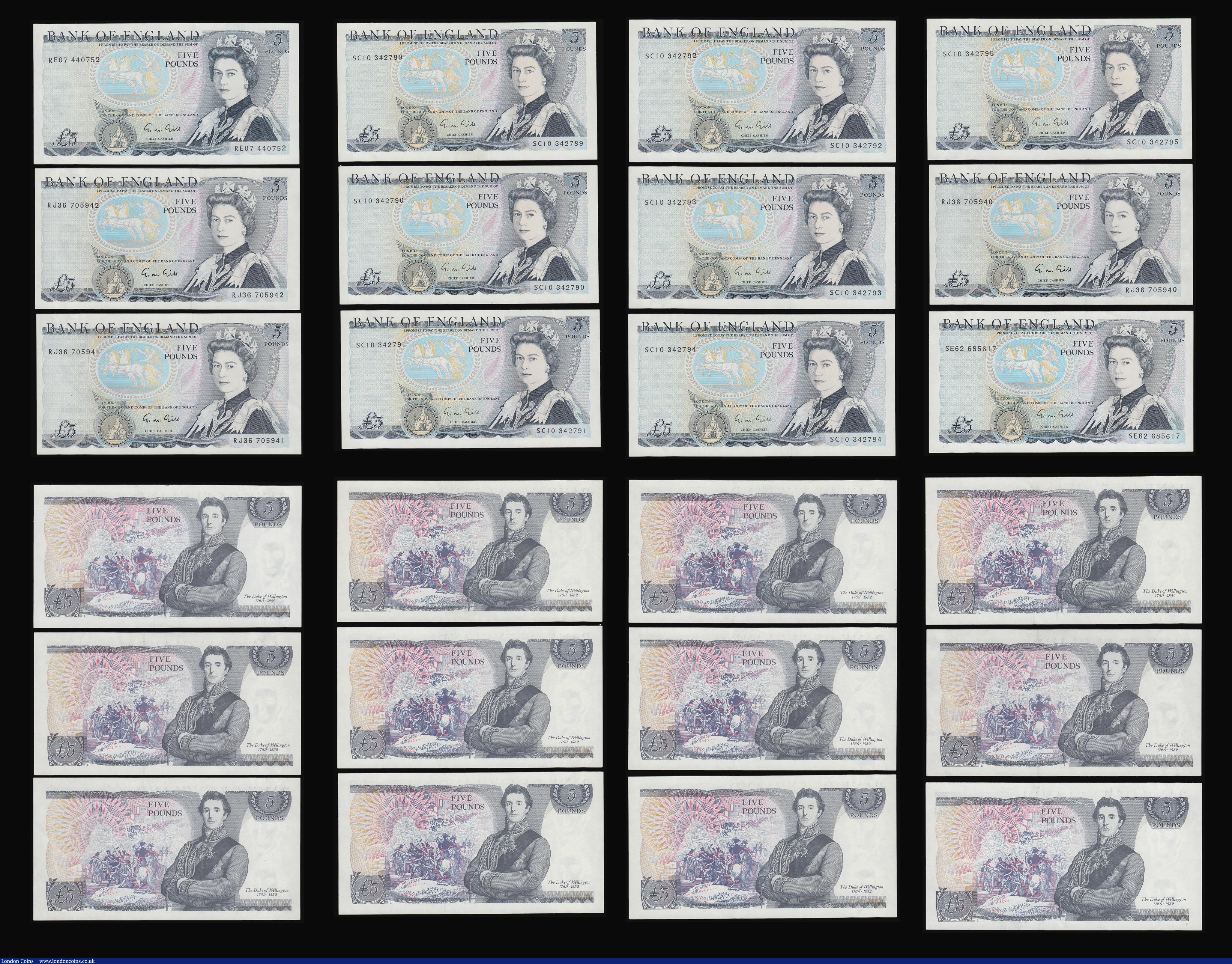 London Coins : A187 : Lot 150 : Gill a collection (24) Five Pounds Duke of Wellington 1988 B353 prefix RE07 Unc, RJ36 (3 consecutive...