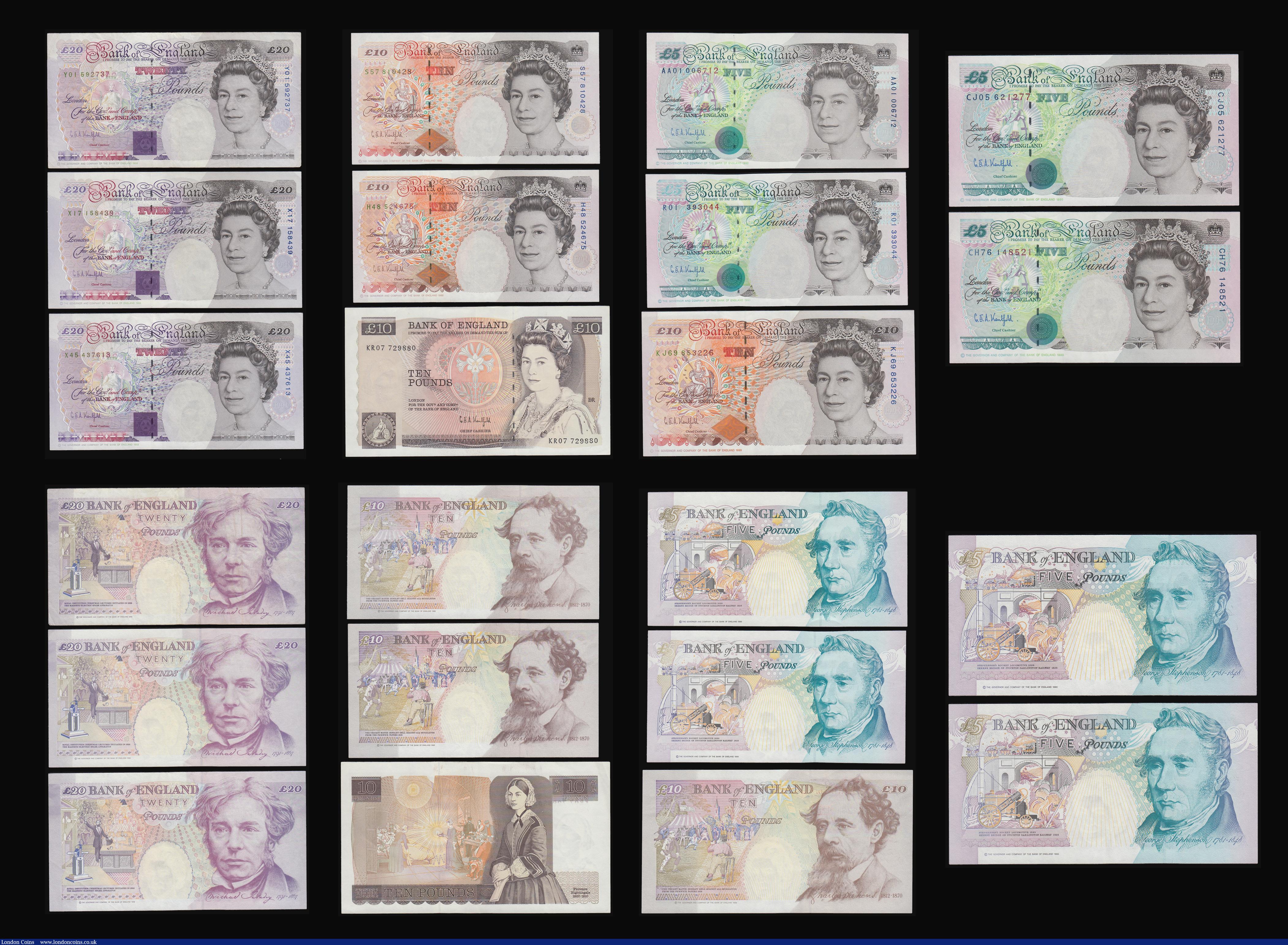 London Coins : A187 : Lot 158 : Kentfield Five Pounds George Stephenson 1991 B362 First Run R01 393044 Unc, 1993 B363 First Run AA01...