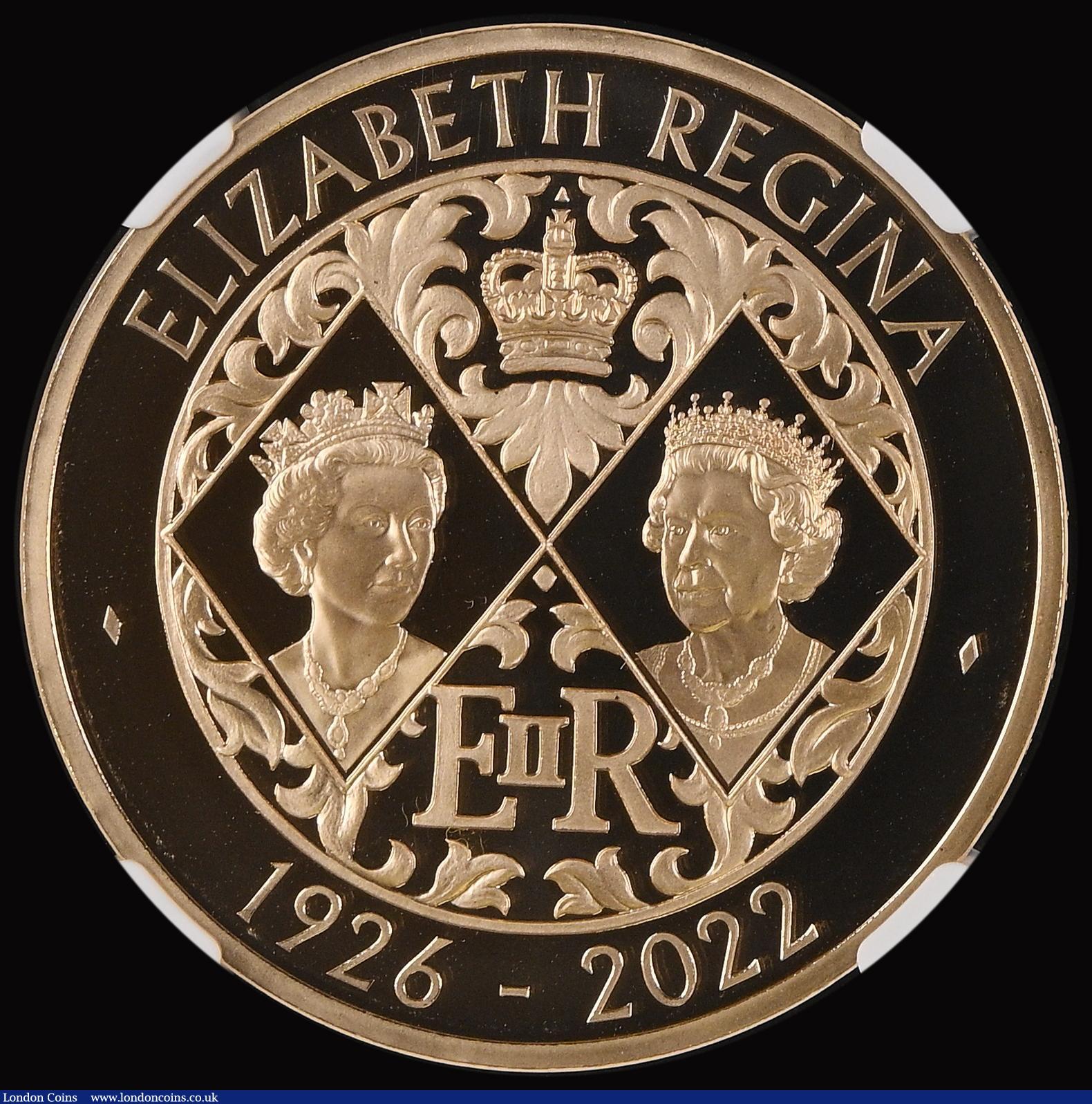 London Coins : A187 : Lot 1855 : Five Pound Crown 2022 Queen Elizabeth II Memorial Gold Proof S.SE17, in an NGC holder and graded PF6...