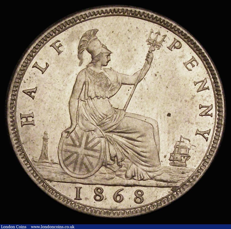 London Coins : A187 : Lot 2146 : Halfpenny 1868 Proof in cupro-nickel, Freeman 304, dies 7+G, nFDC with a few scattered tone spots, c...