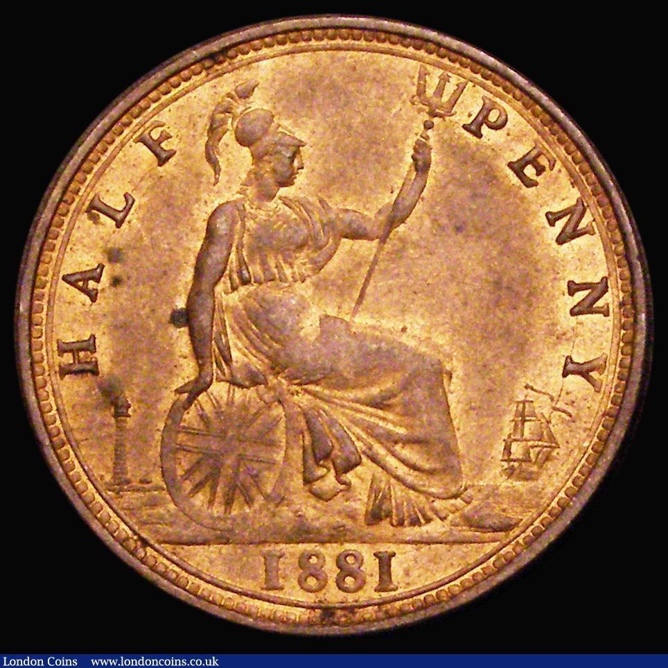 London Coins : A187 : Lot 2150 : Halfpenny 1881 Freeman 342, dies 15+O, UNC or near so and lustrous with some cabinet friction, the r...