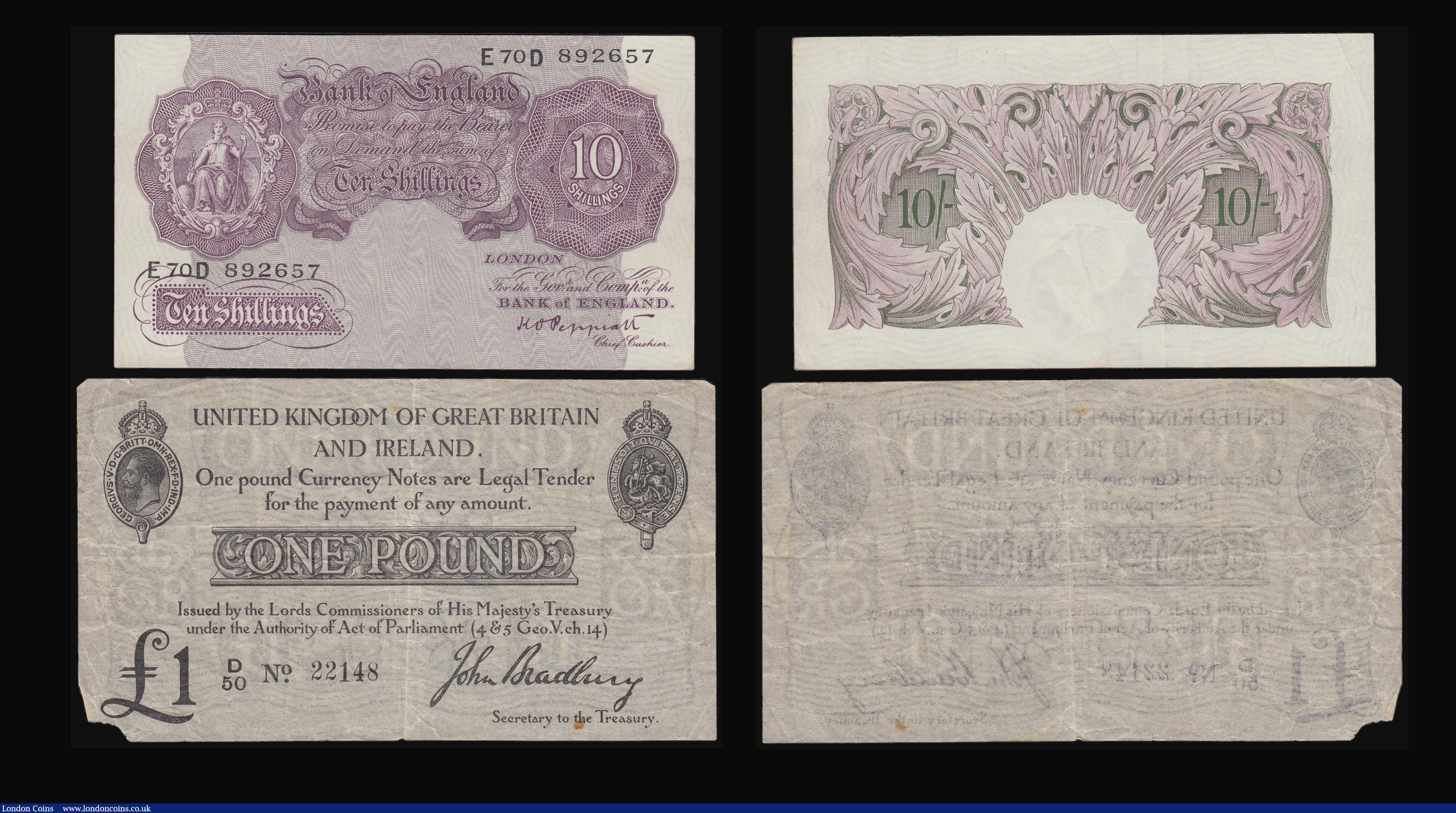 London Coins : A187 : Lot 22 : One Pound Bradbury 1914 Second Issue T11.1 S/N D/50 22148 Fine one or two tiny pinholes small part o...