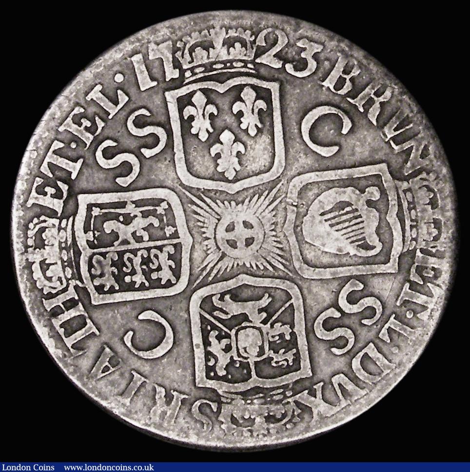 London Coins : A187 : Lot 2272 : Shilling 1723 SSC, French Arms at Date, ESC 1777, Bull 1589 VG, Rare, this variety almost always fou...