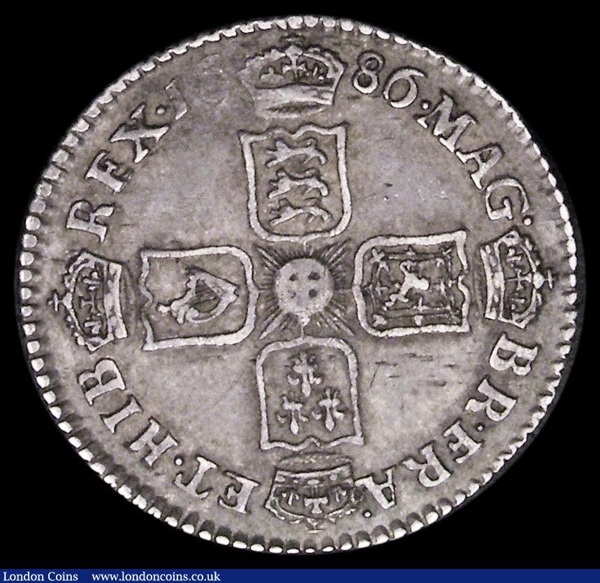 London Coins : A187 : Lot 2349 : Sixpence 1686 First 6 over lower 6 and 8 over 8, unlisted by ESC, Bull 774 Good Fine with a flan fla...