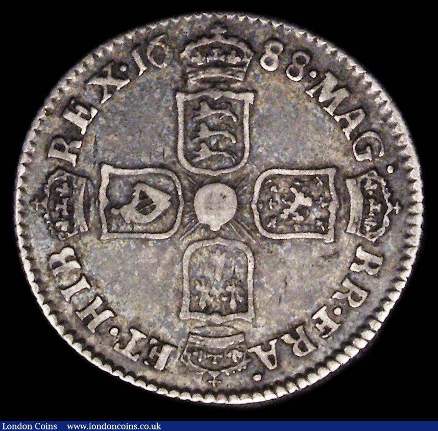 London Coins : A187 : Lot 2351 : Sixpence 1688 Later Shields altered from Early Shields, stated by Bull to be B over R in BR, appears...