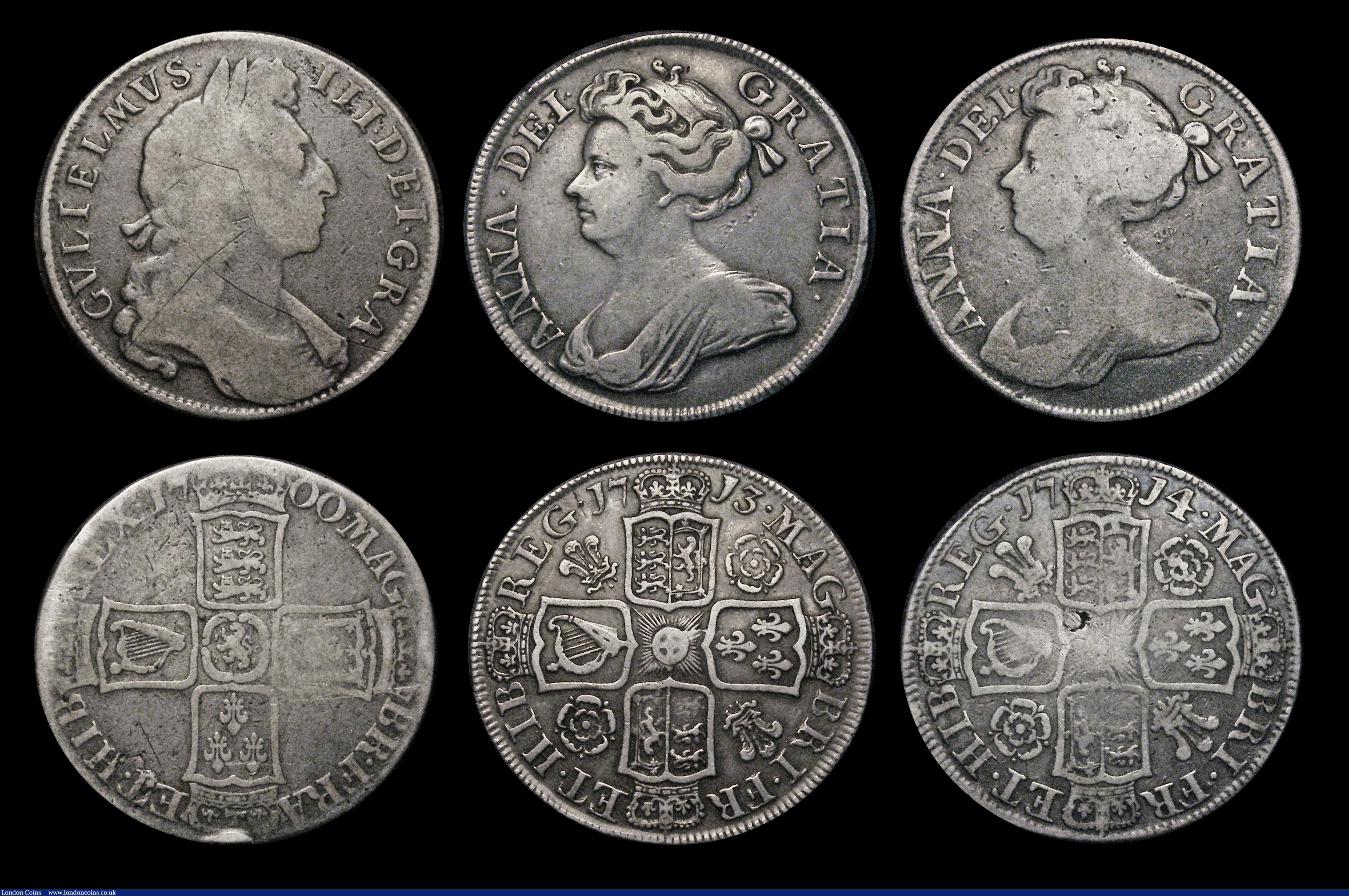 London Coins : A187 : Lot 2729 : Halfcrowns (6) 1672 NVG, 1685 NVG, 1696 Large Shields, Early Harp, VG weakly struck in the centre, 1...