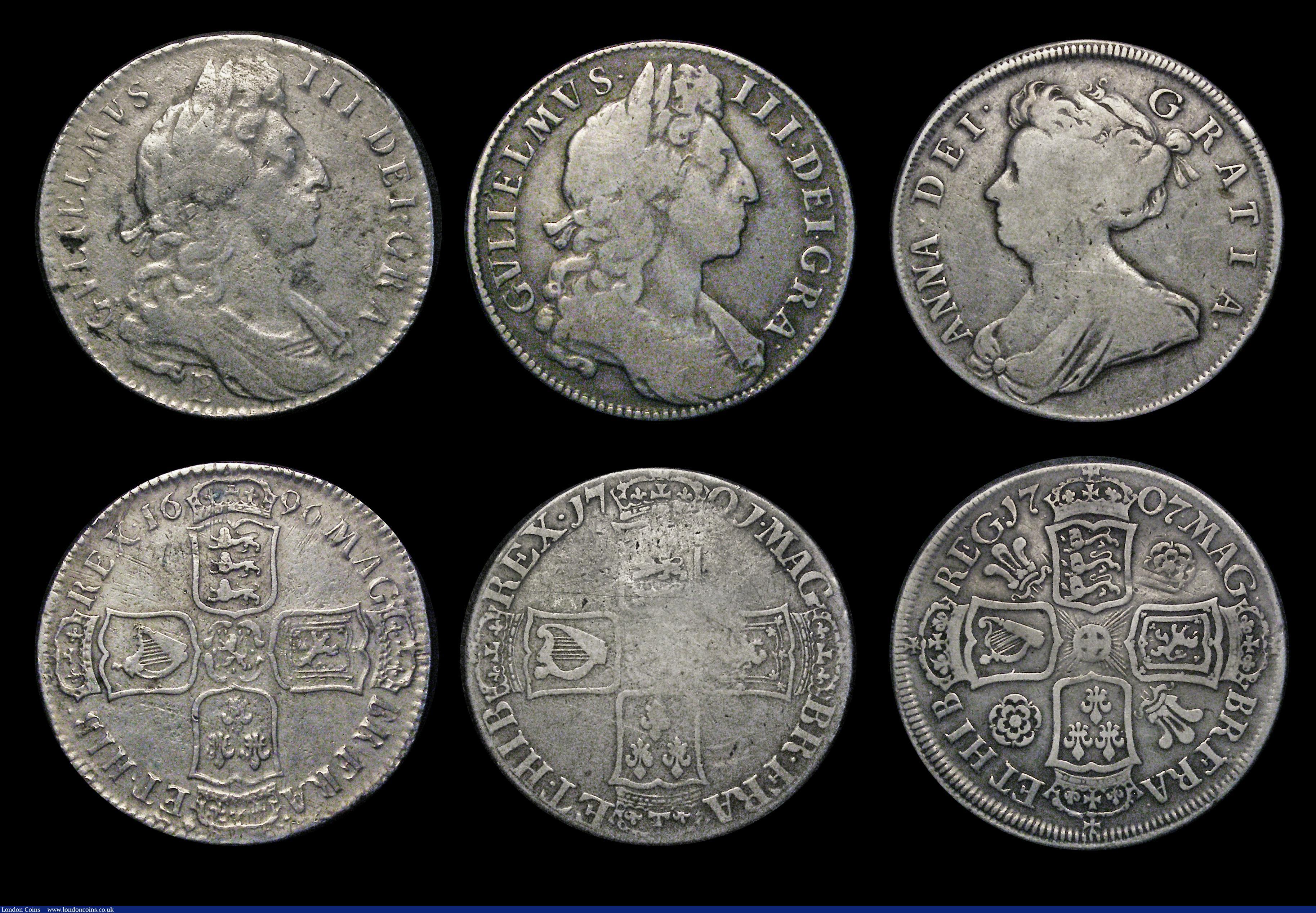 London Coins : A187 : Lot 2743 : Halfcrowns (7) 1664 Fair, 1674 Fair/NVG, 1689 First shield Caul only frosted, with pearls VG/Near Fi...