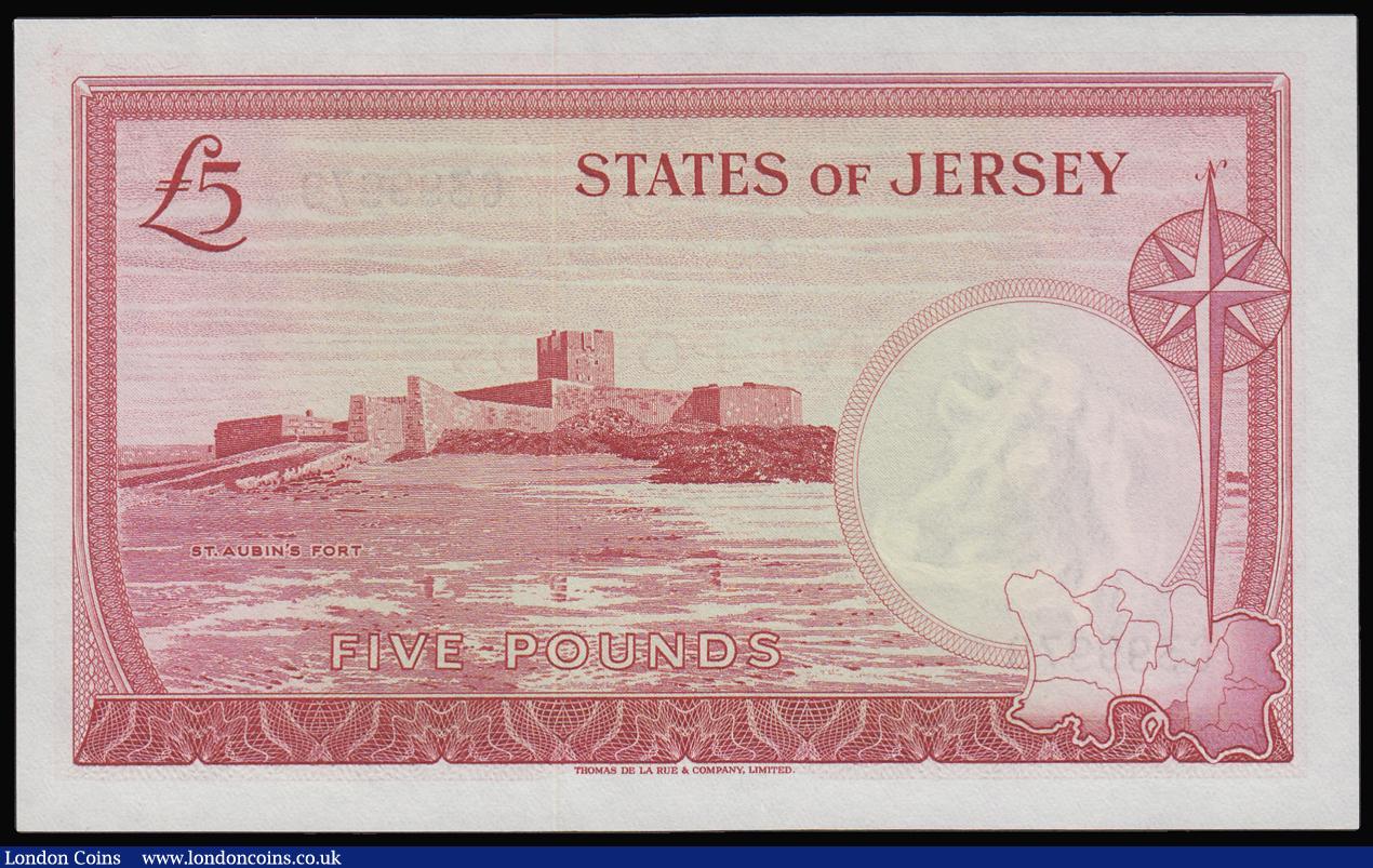 London Coins : A187 : Lot 356 : Jersey 5 Pounds red young QEII (1963) signed Clennet Pick 9b Unc and scarce in high grades