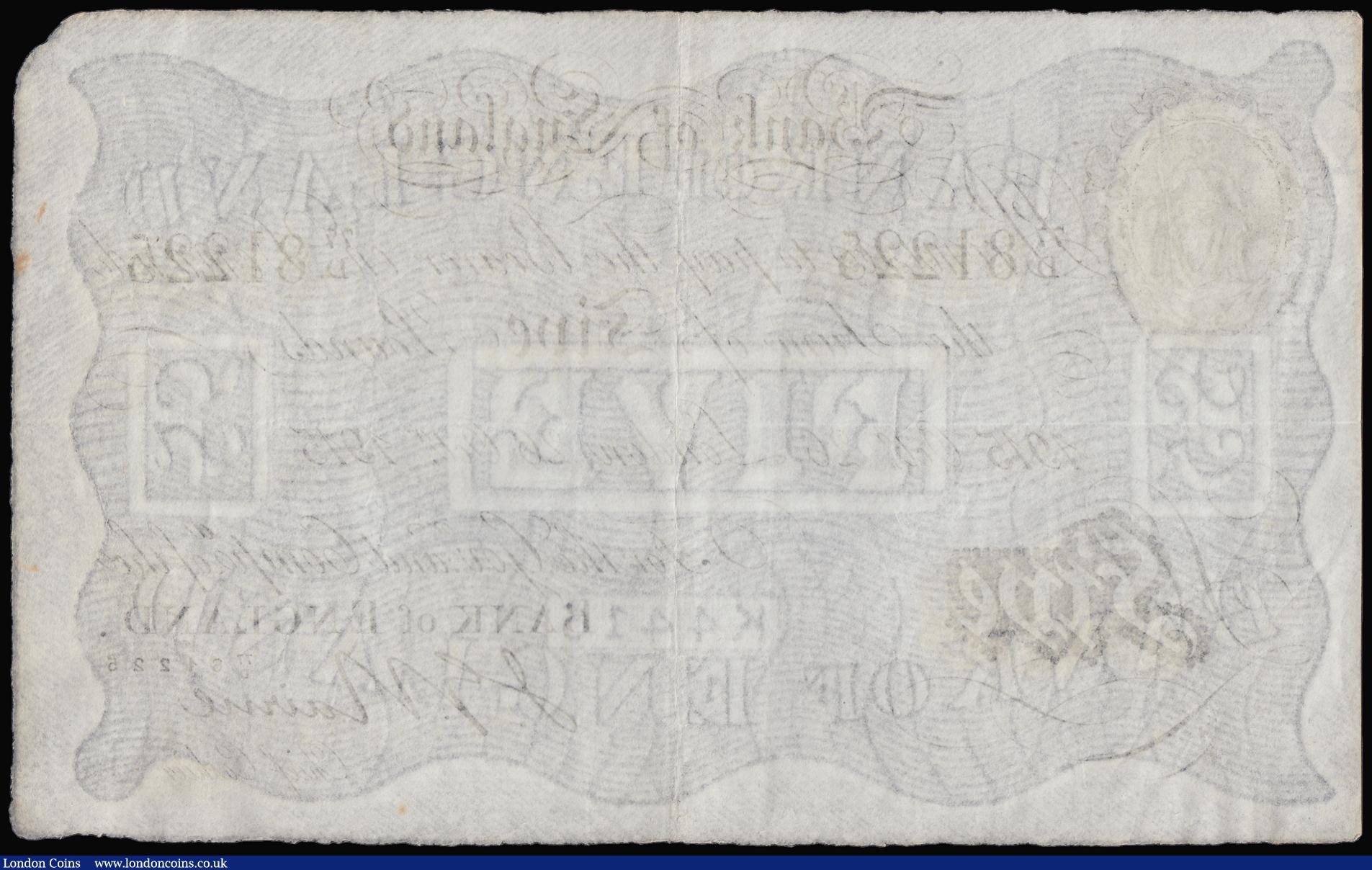 London Coins : A187 : Lot 37 : Five Pounds Nairne white B208b dated 26nd October 1915 series 77/D 81225, GVF with 2 or 3 small flec...