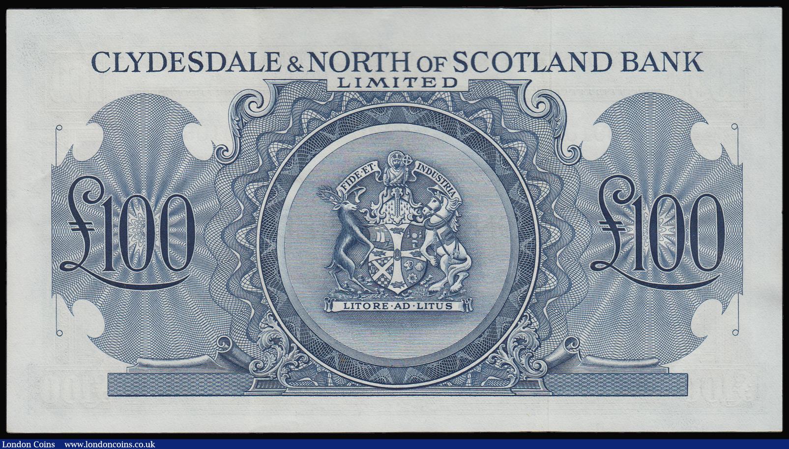 London Coins : A187 : Lot 433 : Scotland Clydesdale and North of Scotland Bank 100 Pounds Glasgow 2nd May 1951 S/N A001086 signed Ca...