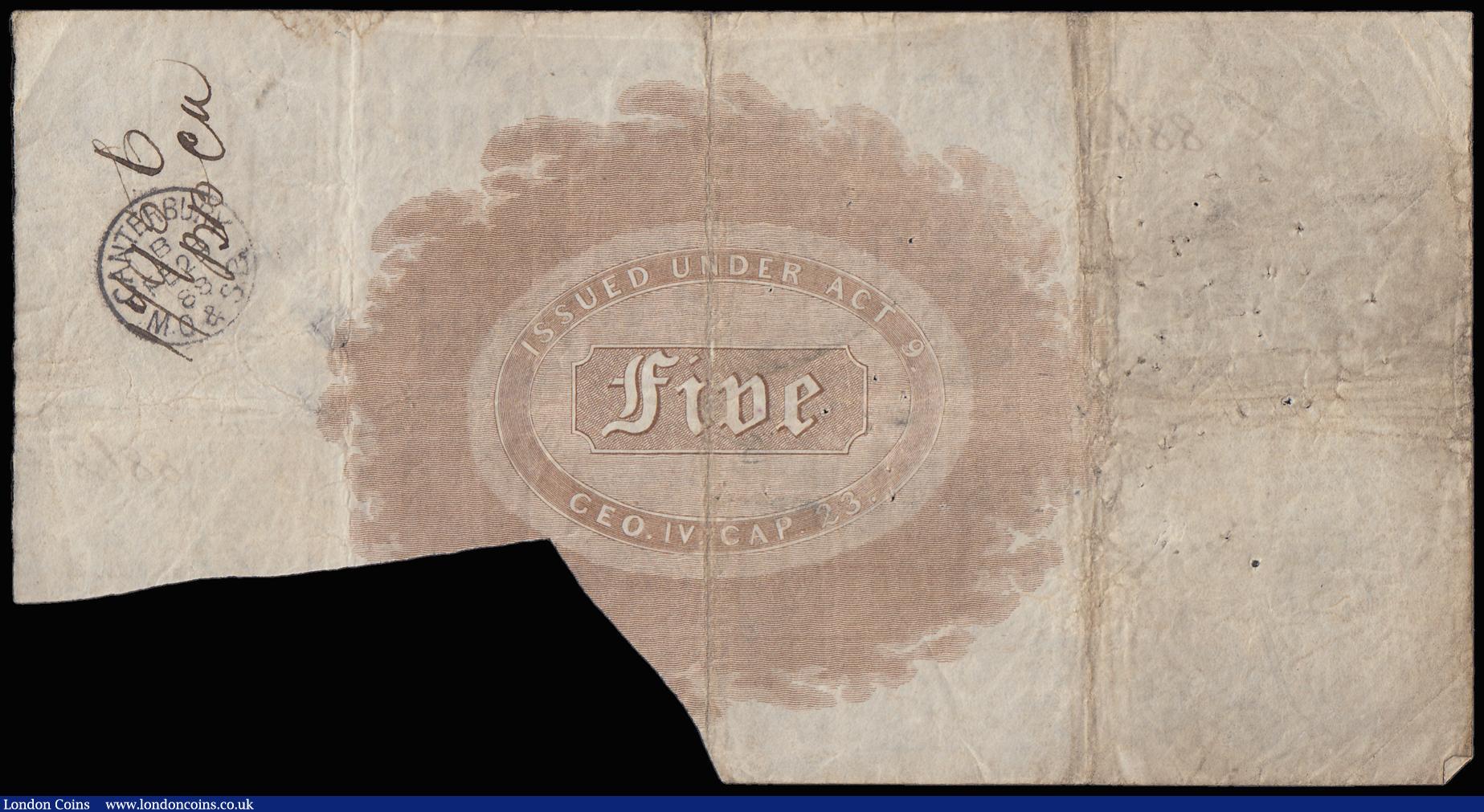 London Coins : A188 : Lot 100 : Faversham Bank Five Pounds dated 1 Oct 1887, No. 8868 for Hilton, Rigden & Rigden, (Outing786d),...