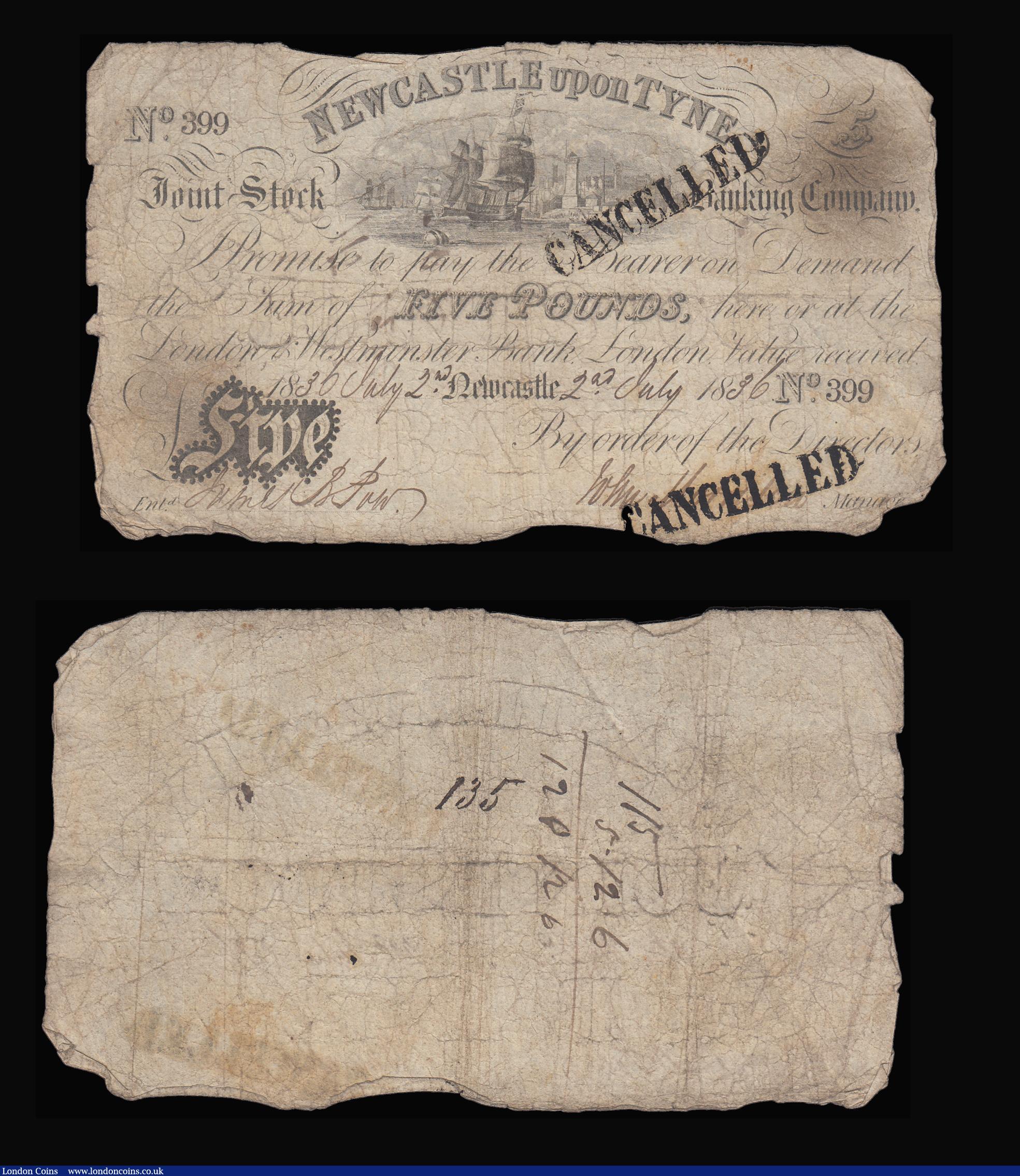 London Coins : A188 : Lot 105 : Newcastle upon Tyne £5 Joint Stock Bank dated 1838-1840 ink Cancelled overprints, (Outing1515b...