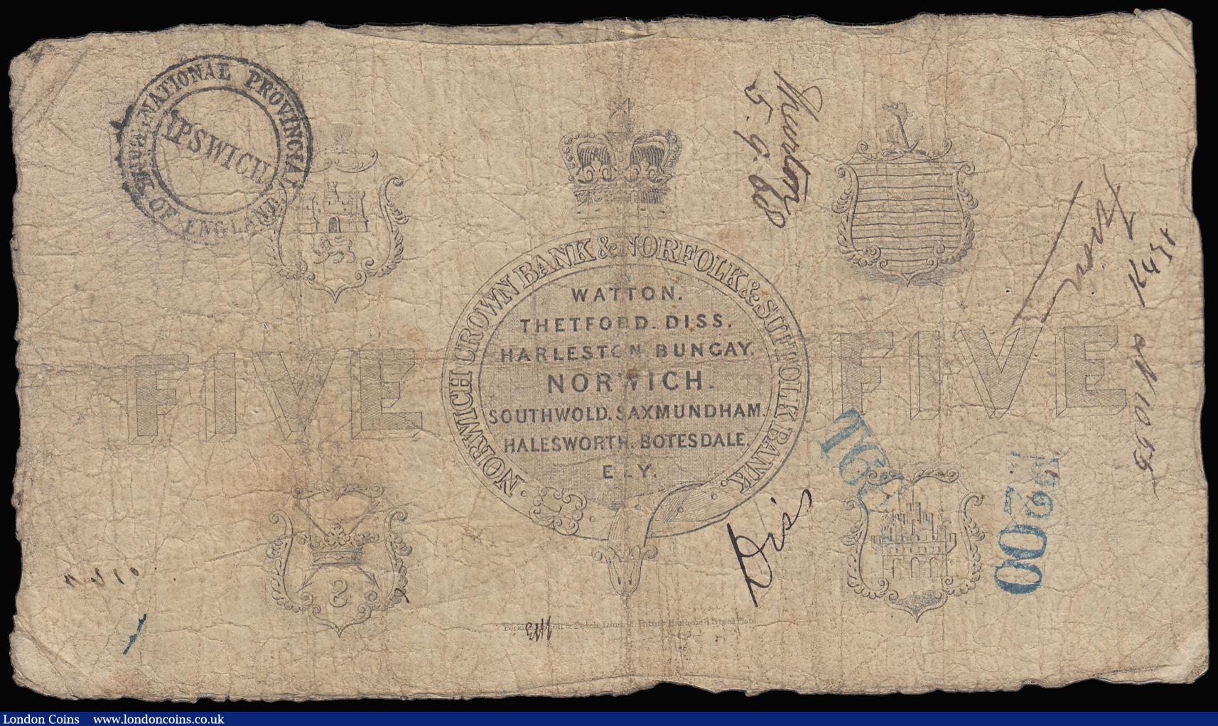 London Coins : A188 : Lot 107 : Norwich Crown Bank & Norfolk & Suffolk Bank, Norwich 5 Pounds 1865 No. 92023 For Harvey &...