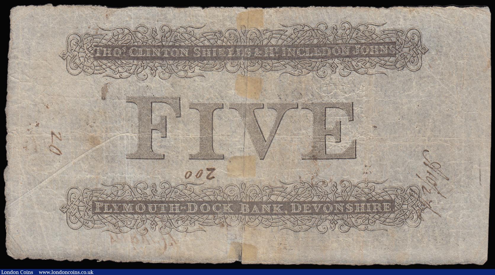 London Coins : A188 : Lot 108 : Plymouth Dock Bank, Devonshire £5 dated 1819 for Shiells & Johns, (note was cut in two as ...