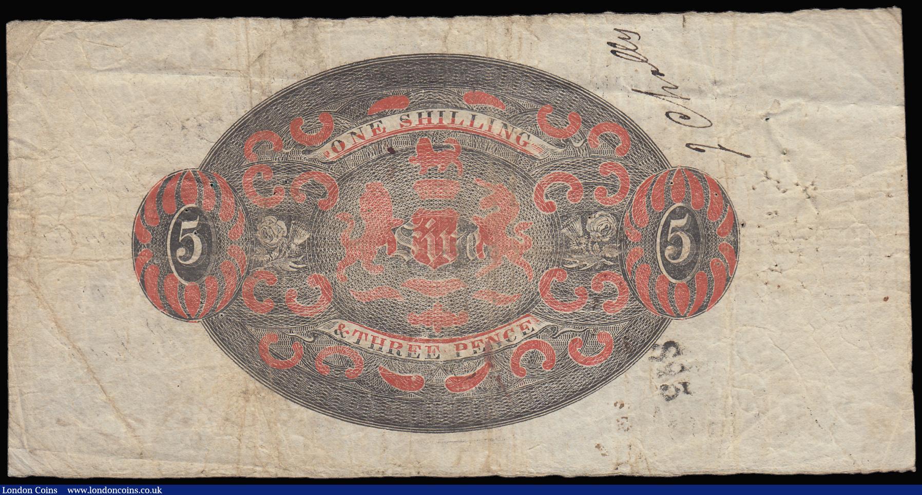 London Coins : A188 : Lot 112 : Saffron & Walden Bank Essex Five Pounds dated 1824 series No.3182 for Ja. Searle, Ja. Searle Jnr...