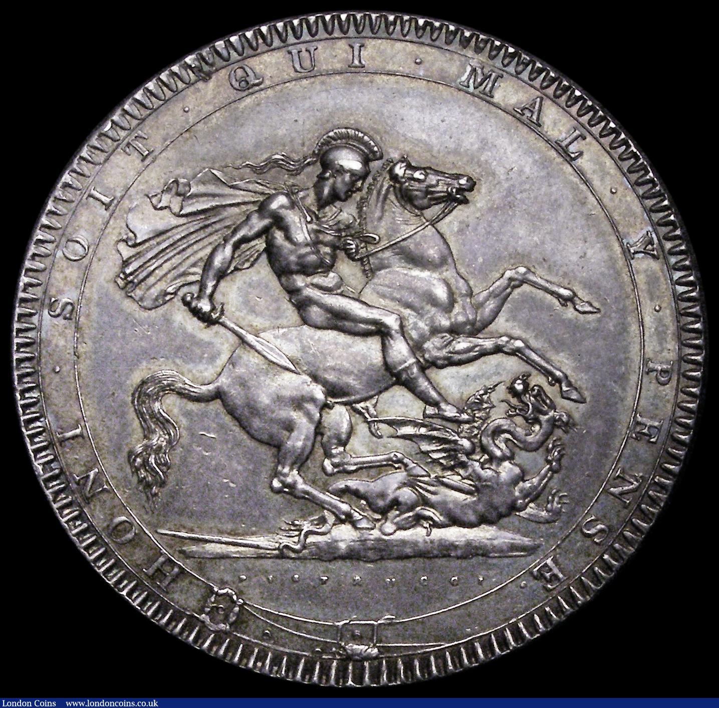 London Coins : A188 : Lot 1177 : Crown 1818 LIX, S of SOIT points to a denticle, Q of QUI with thick scroll tail, as on the 1819 issu...