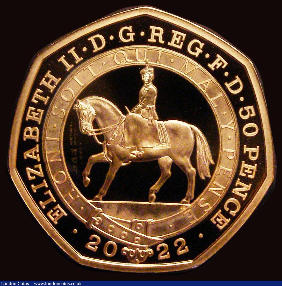 London Coins : A188 : Lot 1238 : Fifty Pence 2022 Queen Elizabeth II Platinum Jubilee Gold Proof, Obverse: Queen on horseback, S.H103...