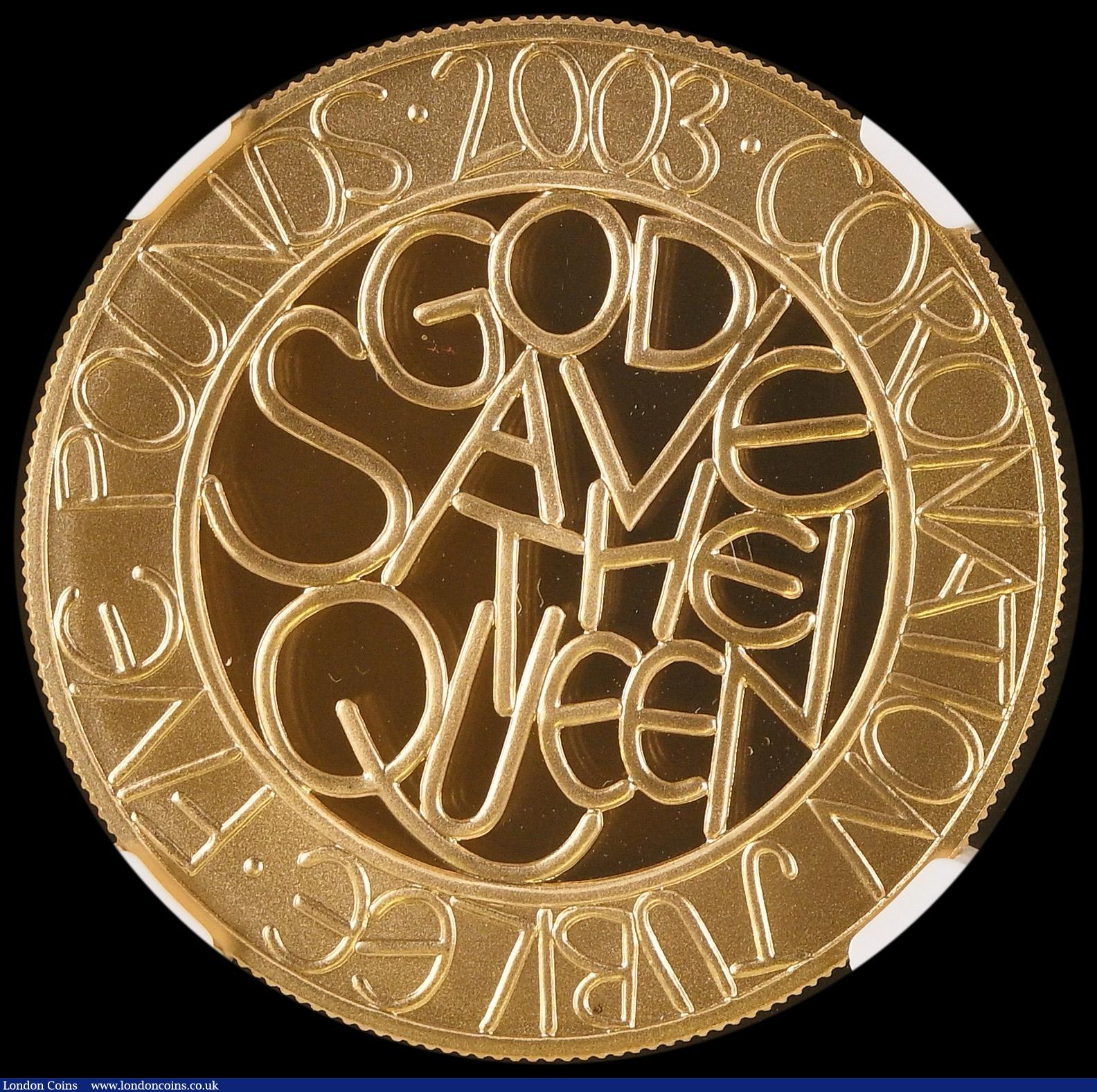 London Coins : A188 : Lot 1244 : Five Pound Crown 2003 Queen Elizabeth II Golden Jubilee Gold Proof S.L12, in an NGC holder and grade...