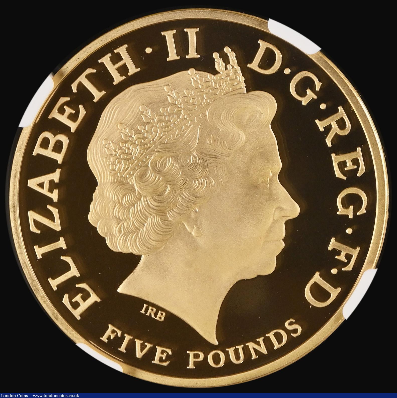 London Coins : A188 : Lot 1245 : Five Pound Crown 2008 Prince Charles 60th Birthday Gold Proof S.L19 in an NGC holder and graded PF69...
