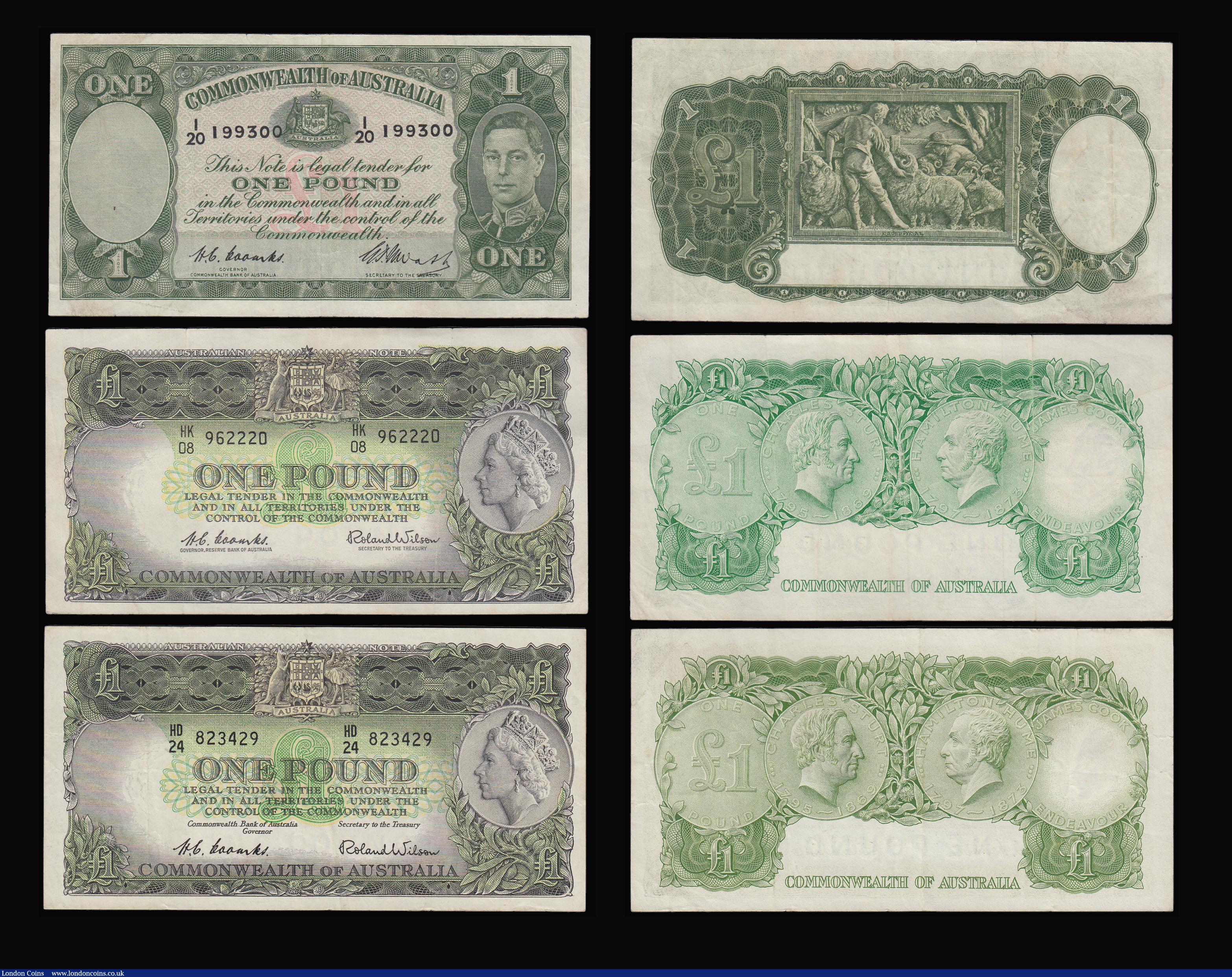 London Coins : A188 : Lot 129 : Australia 1 Pounds (6) George VI facing portrait ND(1938-52) Pick 26a VF, Pick 26b Fine, Pick 26c (2...