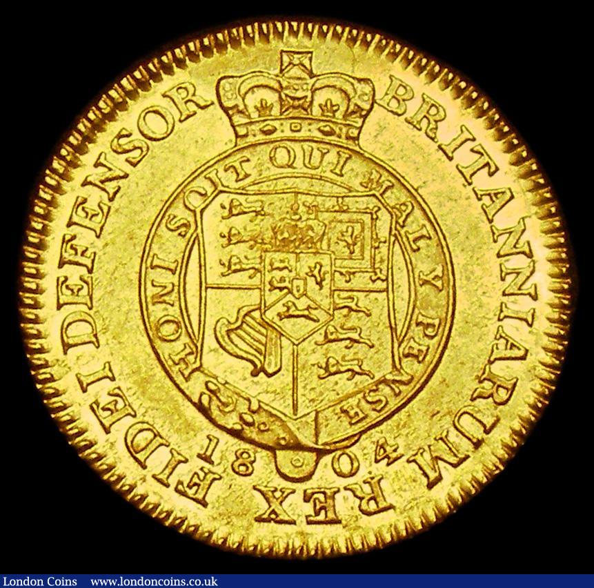 London Coins : A188 : Lot 1339 : Half Guinea 1804 S.3737, Obverse: Lower Laurel leaf points to the upright of the E of DEI, Reverse: ...