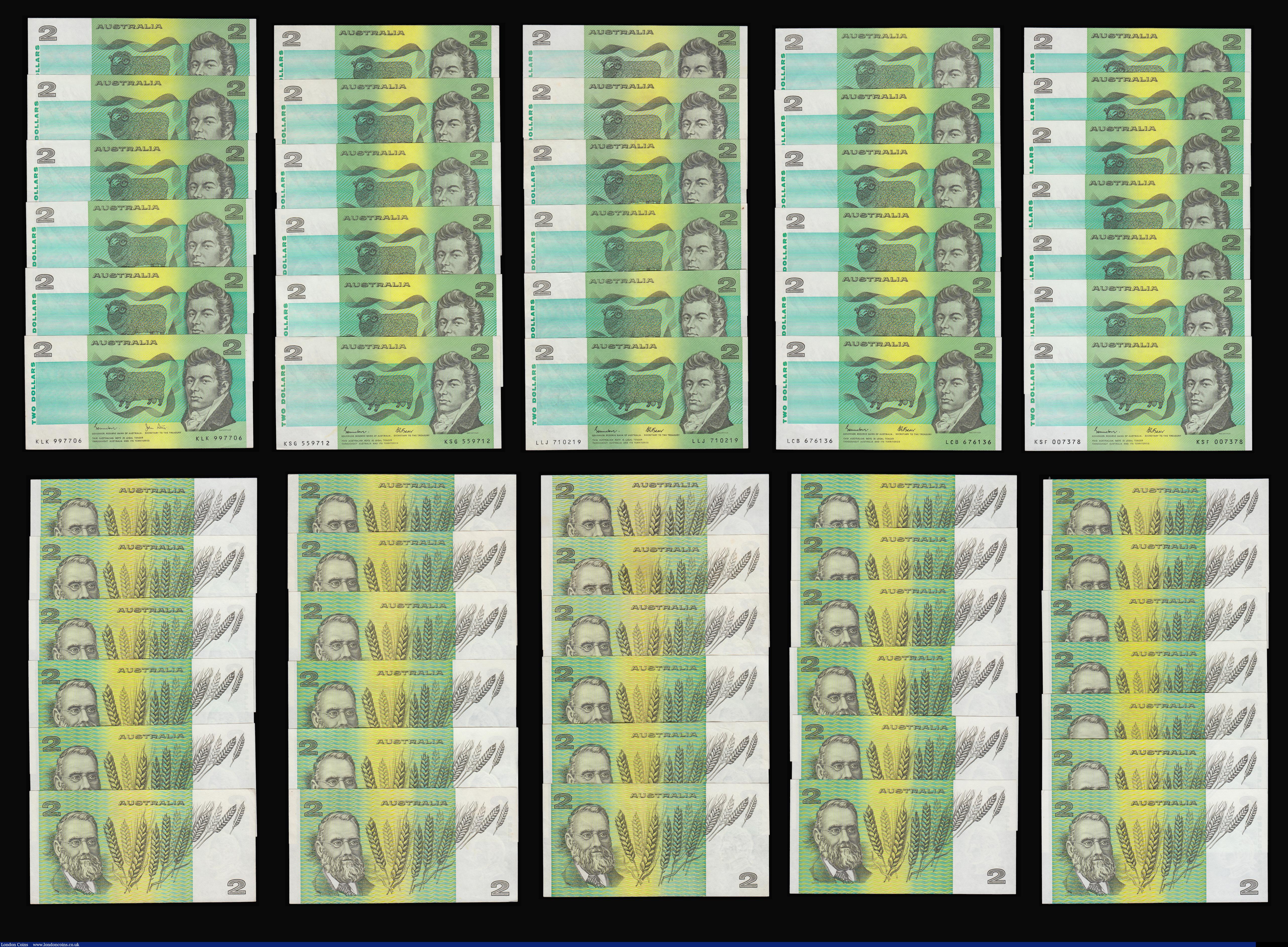 London Coins : A188 : Lot 135 : Australia 2 Dollars green James Cook at right Pick 38 1966-72 (67) a high grade group EF-Unc average...