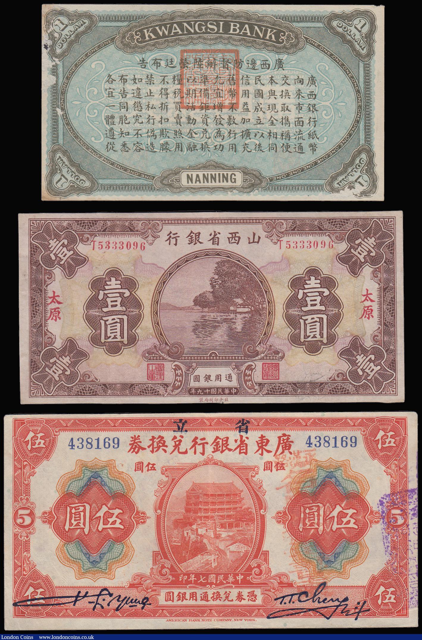 London Coins : A188 : Lot 149 : China (3) 5 Dollars Kwang Tung Province Canton 1918 GVF blue bankers stamp left edge, 1 Yuan brown 1...