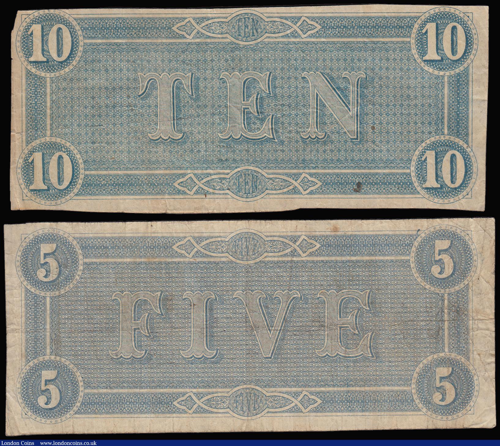 London Coins : A188 : Lot 151 : Confederate States of America Richmond February 17 1864 (2) 5 and 10 Dollars Fine the 10 with a pinh...