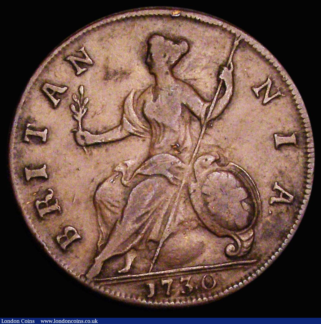 London Coins : A188 : Lot 1516 : Halfpenny 1730 GEOGIVS error, Peck 837, Good Fine