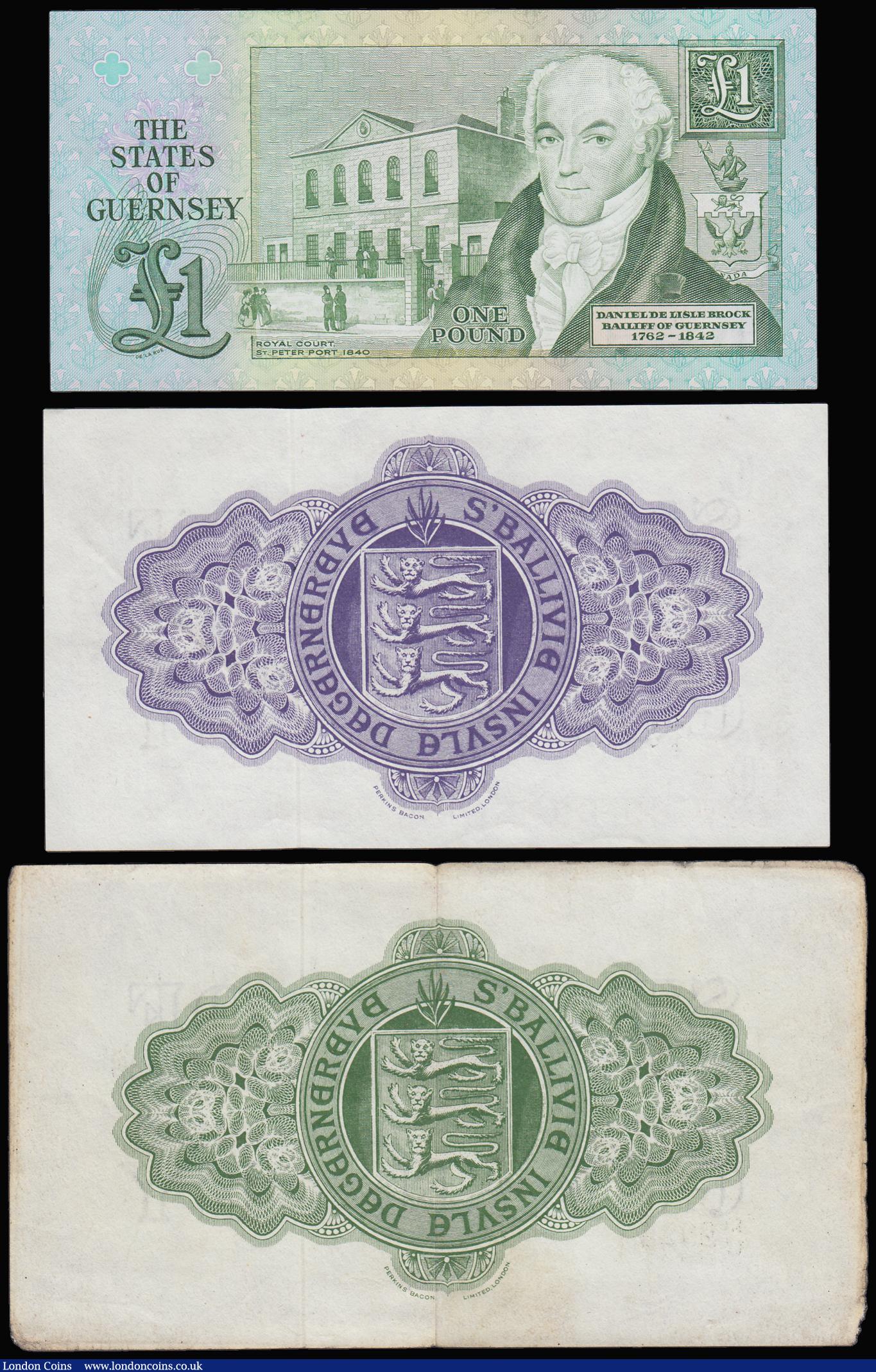 London Coins : A188 : Lot 163 : Guernsey (3) 10 shillings dated 1966 serial 23/F 3625, Pick42c, AU, 1 Pound 1 July 1966 serial 48/U ...