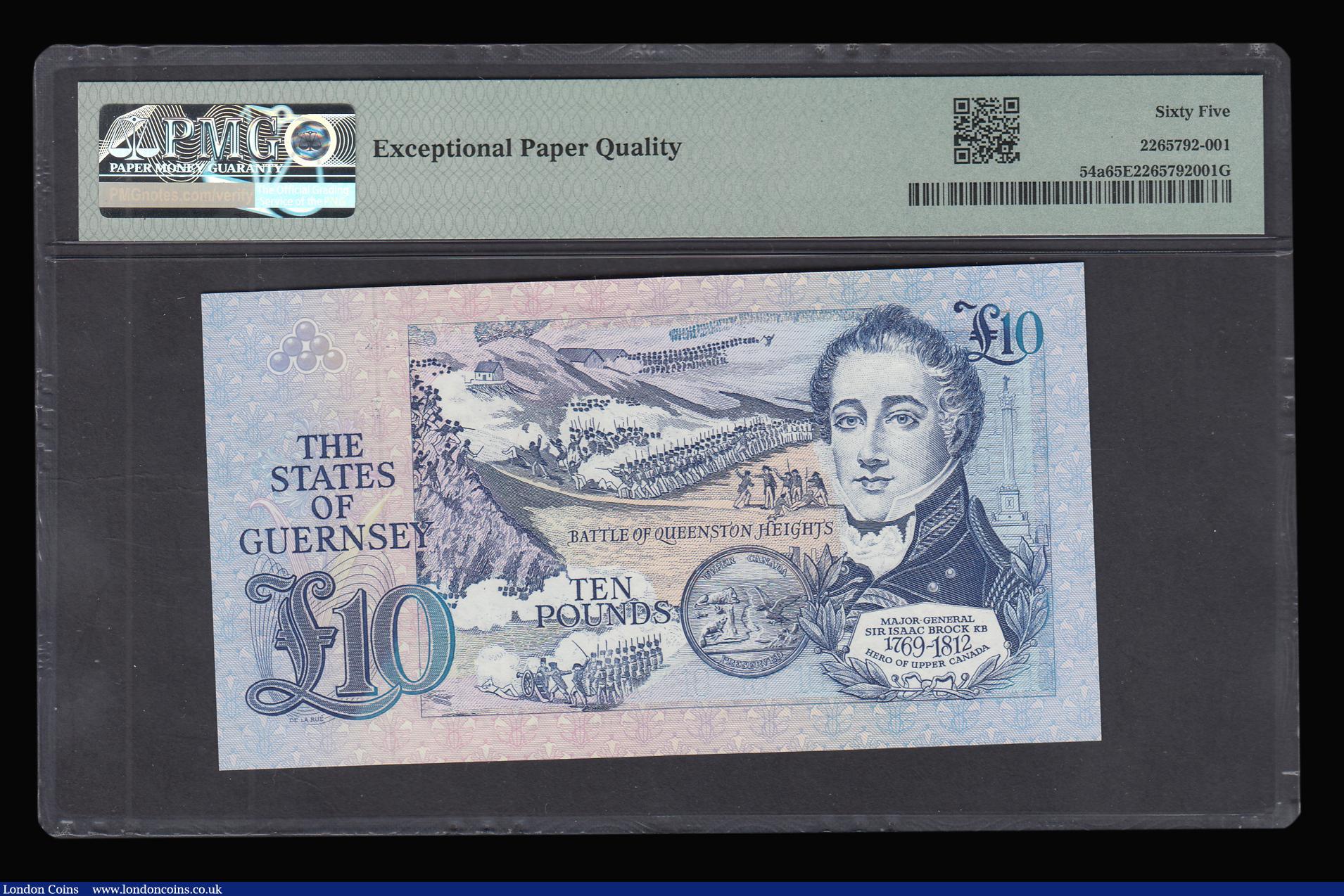 London Coins : A188 : Lot 164 : Guernsey 10 Pounds 1991 Pick 54a Brown E978984 Gem Uncirculated PMG 65 EPQ