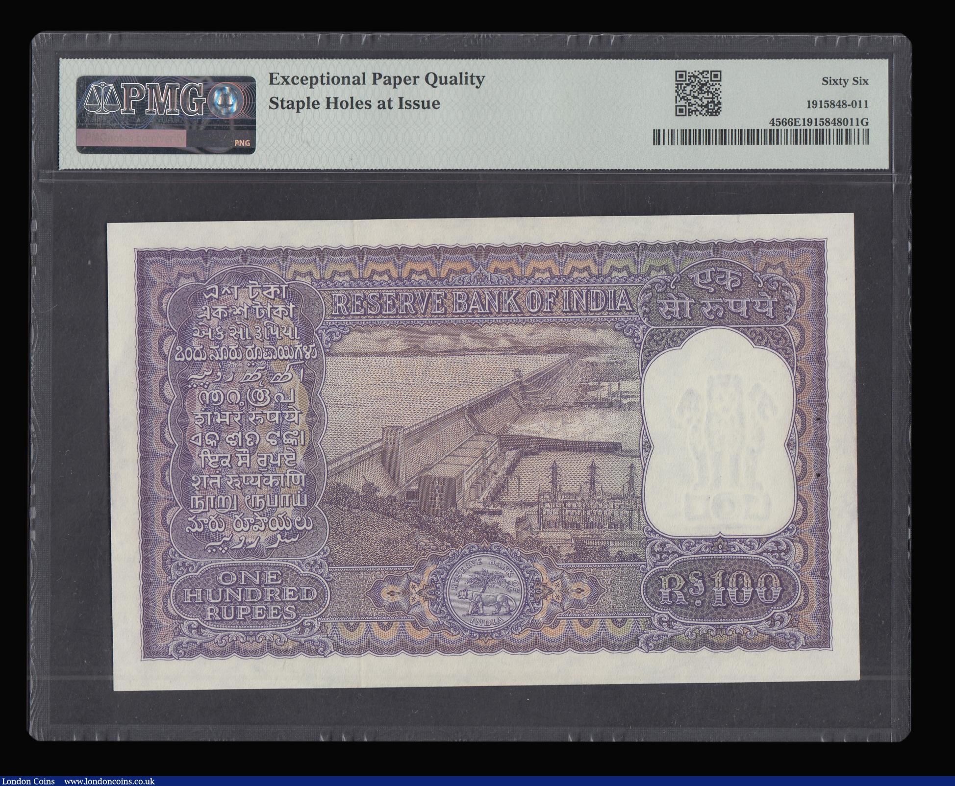 London Coins : A188 : Lot 168 : India 100 Rupees issued 1962-67, S/N AC/83 174112, Pick 45 Gem Uncirculated PMG 66 EPQ (usual 2 smal...