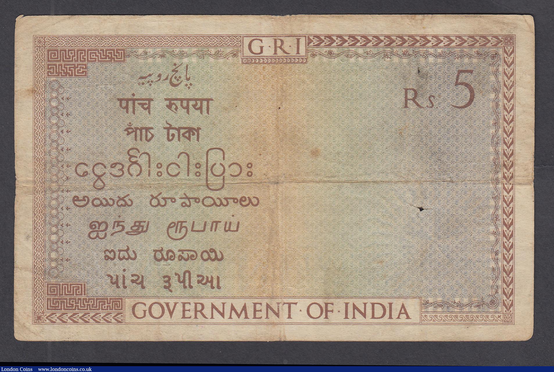 London Coins : A188 : Lot 171 : India 5 Rupees 1917-1930 signed Taylor Pick 4b, portrait KGV at right S/N M/26 222230 about Fine wit...