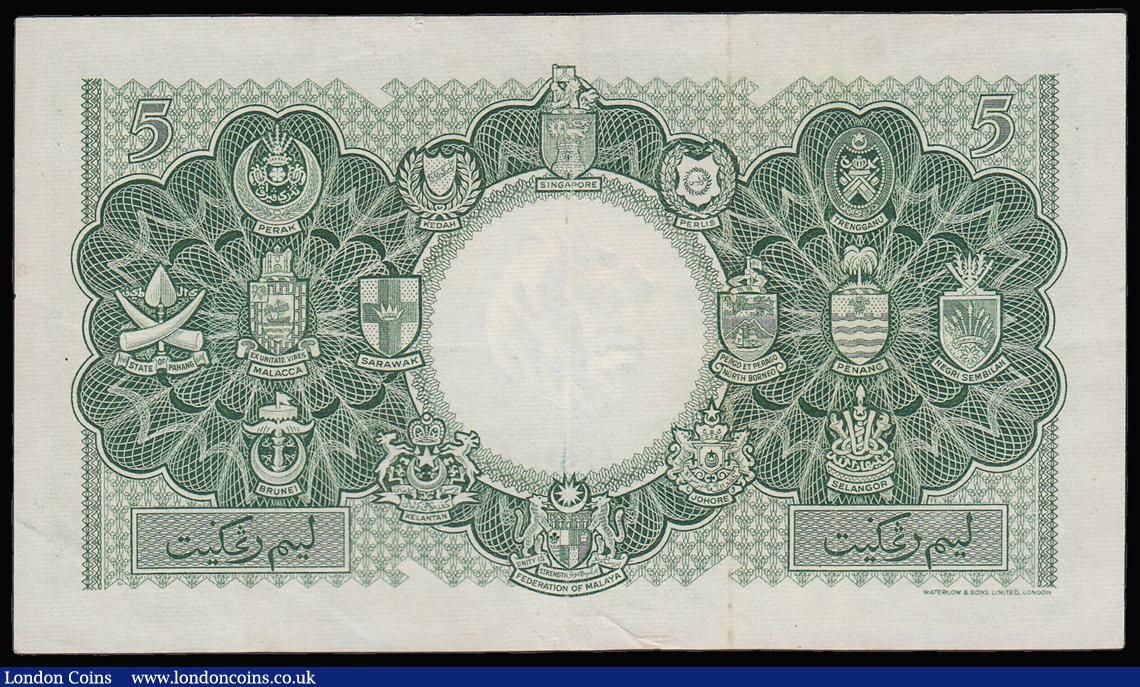 London Coins : A188 : Lot 191 : Malaya and British Borneo 5 Dollars green young QE II 21 March 1953 S?N A/10 434351 VF or better Pic...